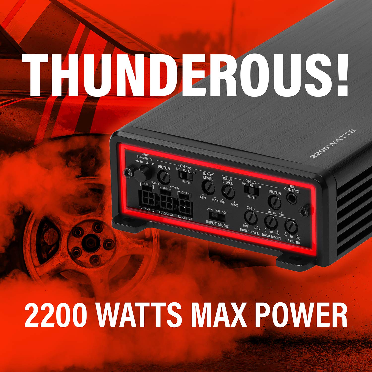 BOSS Audio Systems Elite BE2200.5D Amplificador de Coche de 5 Canales Clase D 2200 W, 2 Ohm Estable, Digital, Rango Completo, Fuente de alimentación Mosfet, Ideal para Altavoces y subwoofers