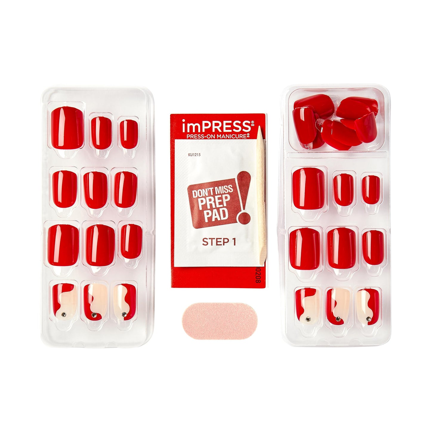 Uñas postizas sin pegamento KISS, diseño 'Adore You', rojo, tamaño corto, forma ovalada, incluye 30 uñas, almohadilla de preparación, hoja de instrucciones, 1 palito de manicura, 1 lima pequeña