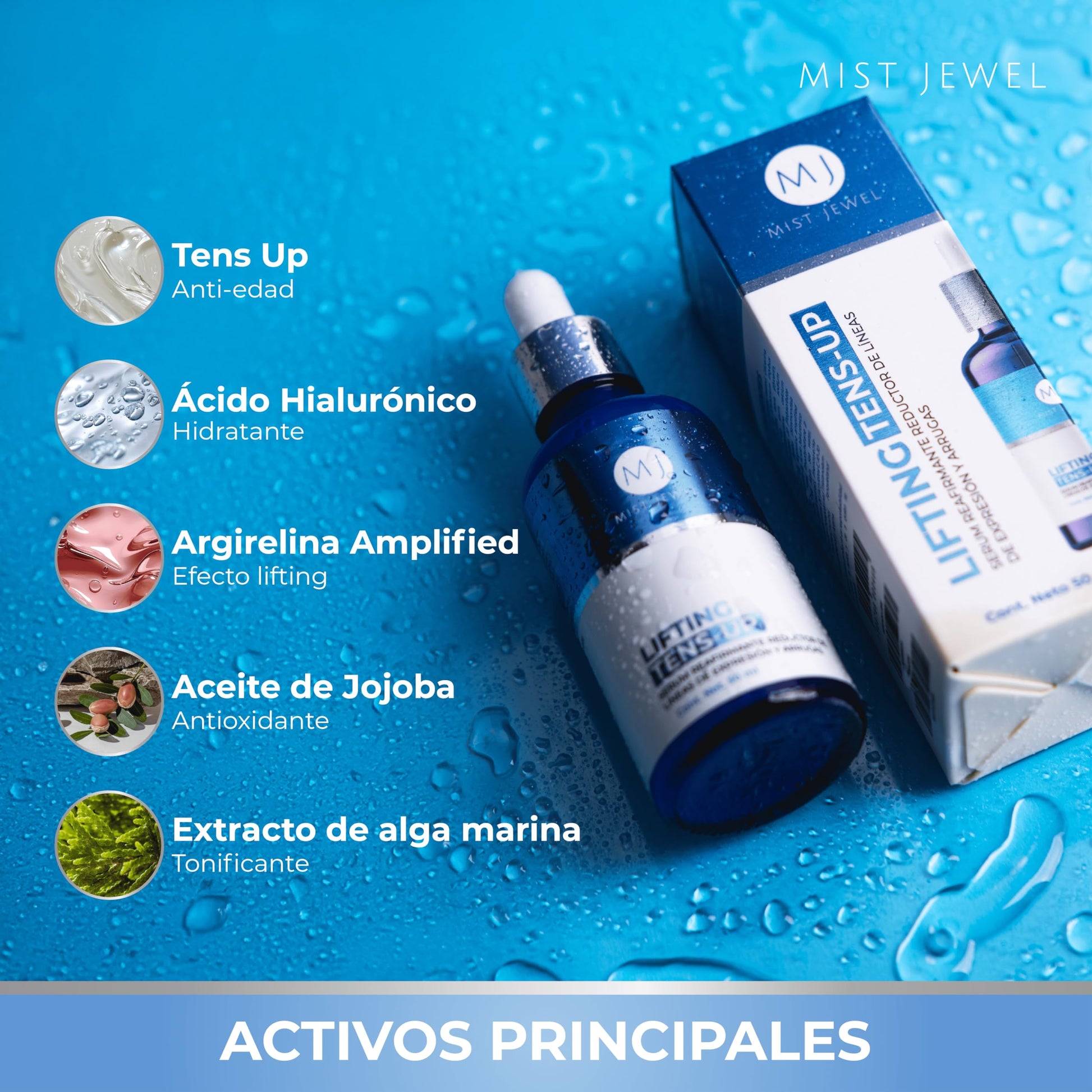 MIST JEWEL Serum facial con efecto tensor lifting Tens-Up, con ingredientes antiedad y ácido hialurónico para cuidado facial de 50ml | suero reafirmante reductor de arrugas y lineas de expresion en rostro y cuello