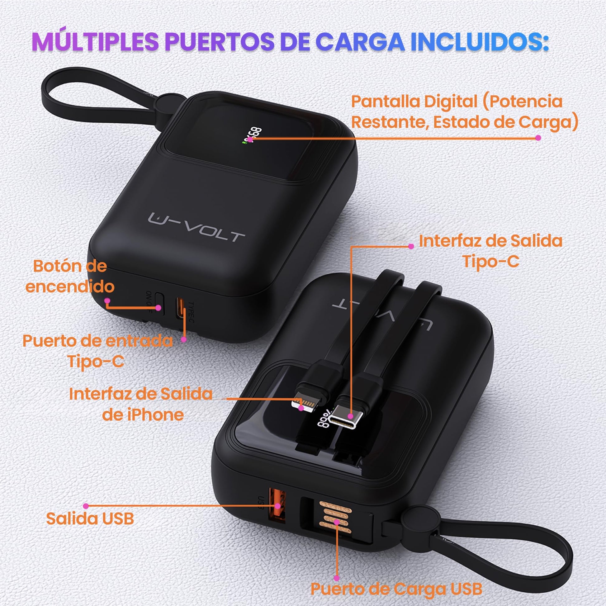 CELULARTE Power Bank U-Volt 10,000 mAh con Cables Integrados, Carga Rápida 22.5W, Batería Portátil con Pantalla Digital para iPhone, Samsung, Xiaomi, iPad y Más (Negro)