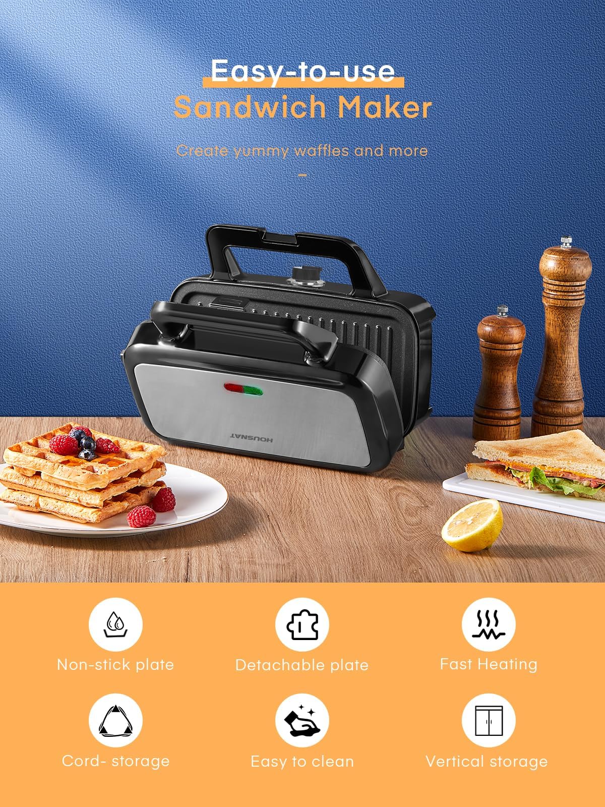 HOUSNAT Sandwichera, waflera 3 en 1 con platos extraíbles, prensa Panini de 1200 W con placas antiadherentes intercambiables, luces indicadoras, control de temperatura de 5 engranajes (negro)