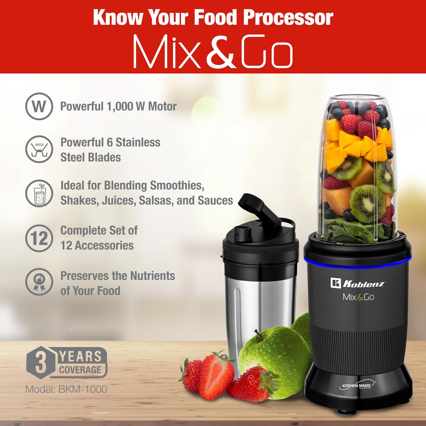 Licuadora Personal Koblenz Mix&Go Batidora Portátil, 1000 Watts, Kit Completo, 12 Accesorios con 2 Vasos de Tritán y 1 Vaso de Acero, Cuchillas de Acero, Ideal para Jugos y Smoothies Negro BKM-1000