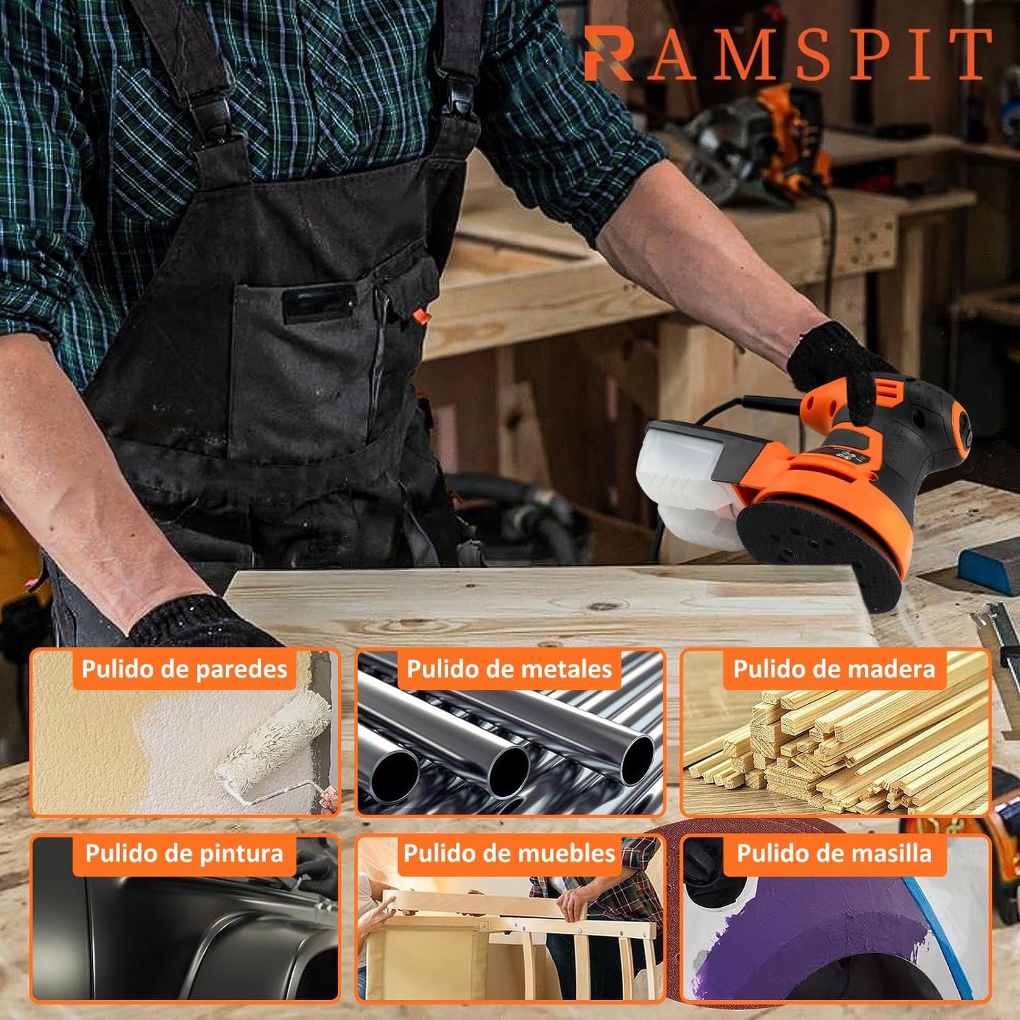 Lijadora Orbital Aleatoria RAMSPIT 2.8A 350W con Caja de Polvo Ciclónica y 15 Hojas de Lijado