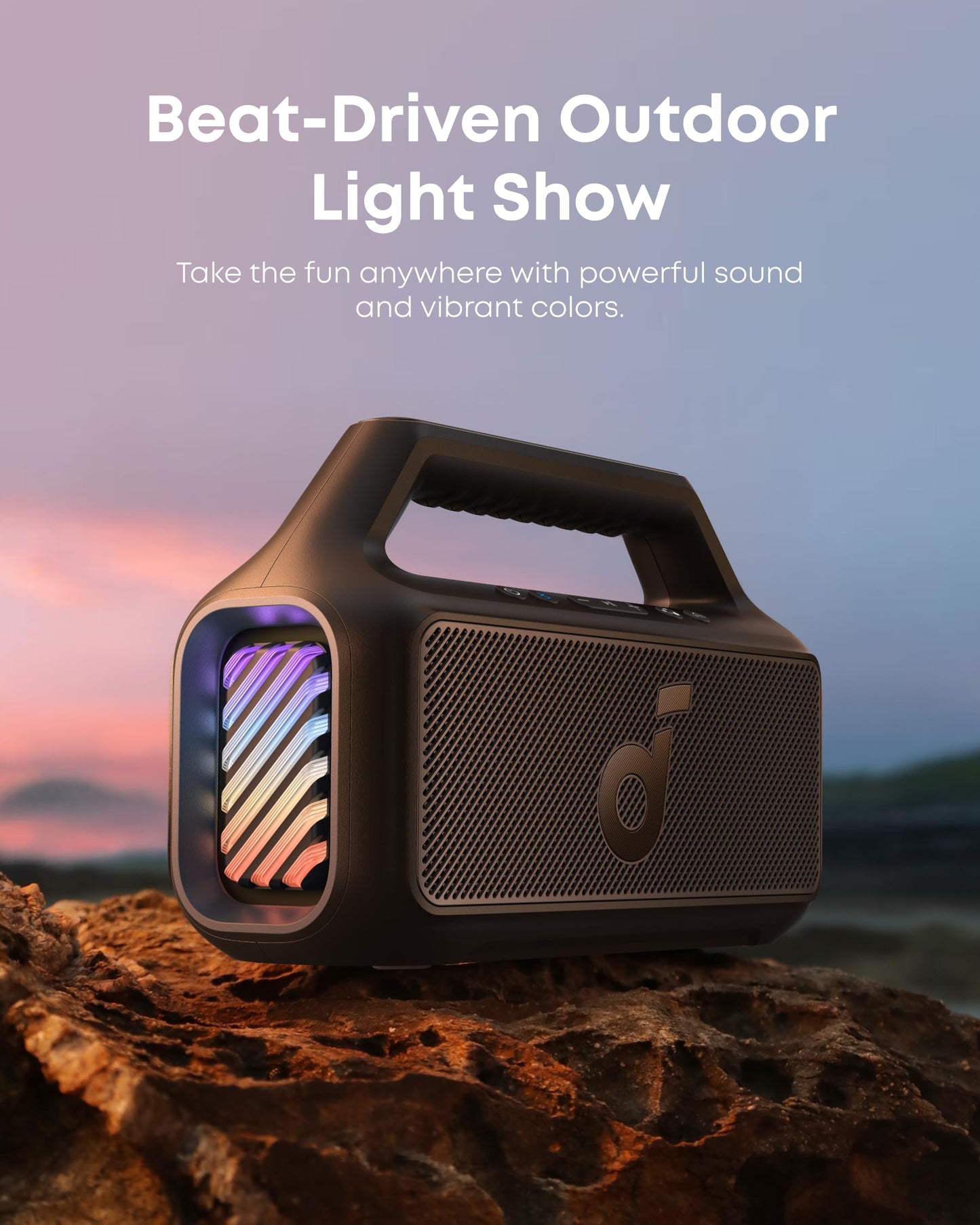 Soundcore Boom 2 - Altavoz para exteriores, 80 W, subwoofer, BassUp 2.0, tiempo de reproducción de 24 horas, IPX7 impermeable, flotable, luces RGB, USB-C, ecualizador personalizado, Bluetooth 5.3,