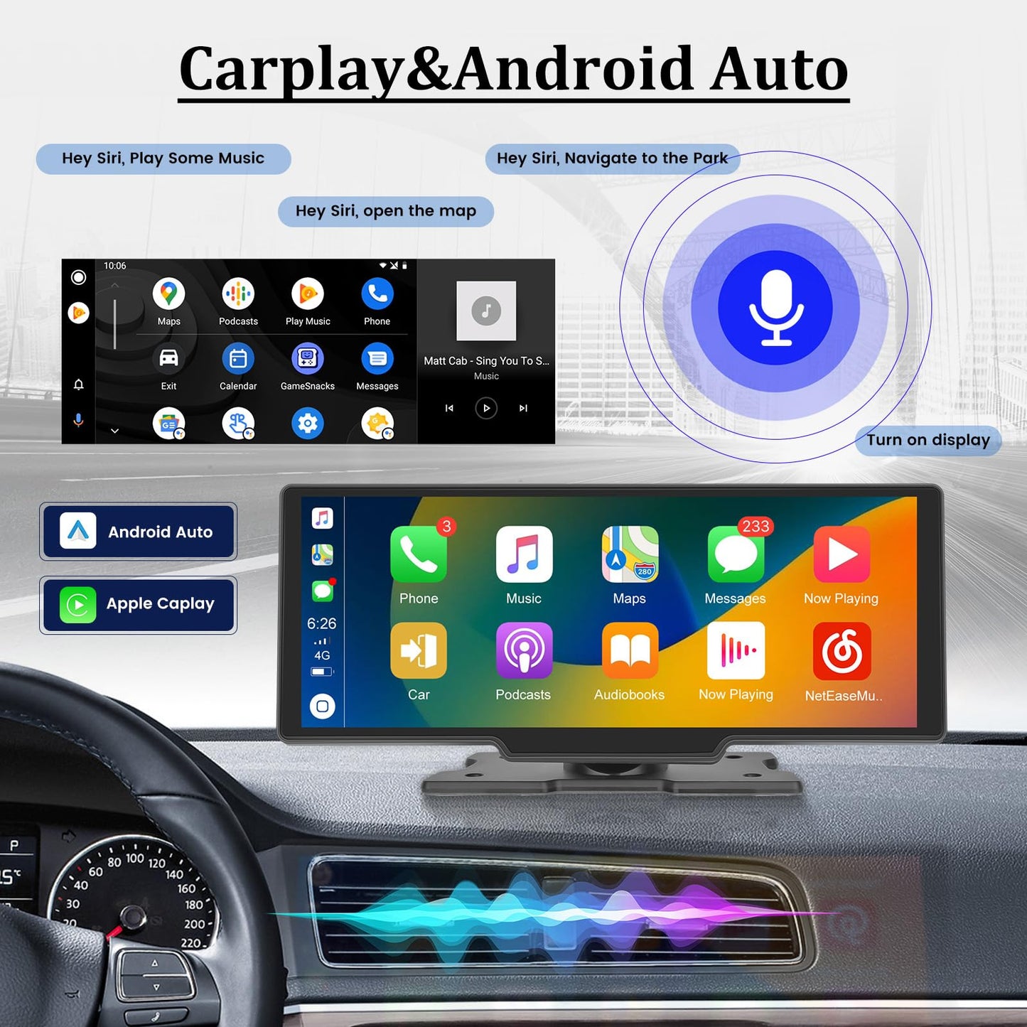 Carplay - visualización estéreo de 10.3 pulgadas HD inalámbrica portátil para coche Buddy con visualización táctil, reproducción de coche y transmisión automática de Android FM Bluetooth para