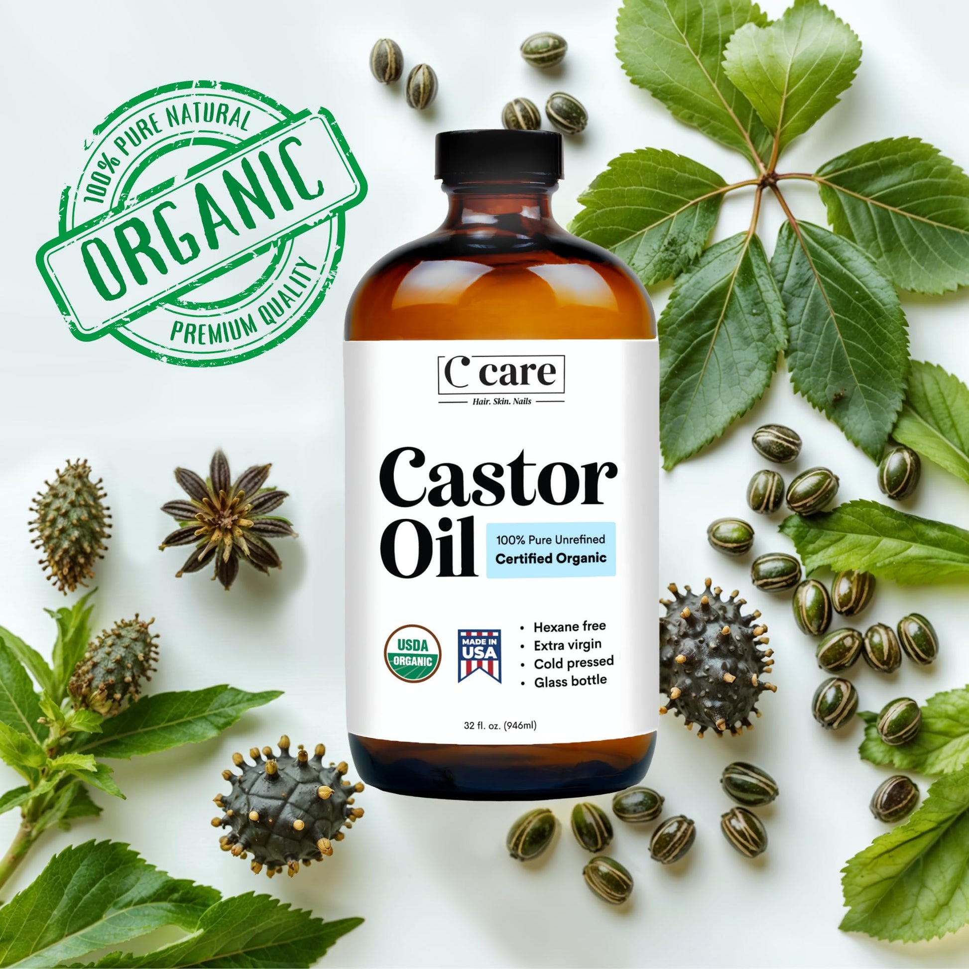 C CARE Aceite de Ricino Orgánico Prensado En Frío Sin Refinar Botella de Vidrio Sin Hexano Extra Virgen Usda Certificado Puro Aceite de Ricino Orgánico para Crecimiento Del Cabello Cejas Pestañas Uso