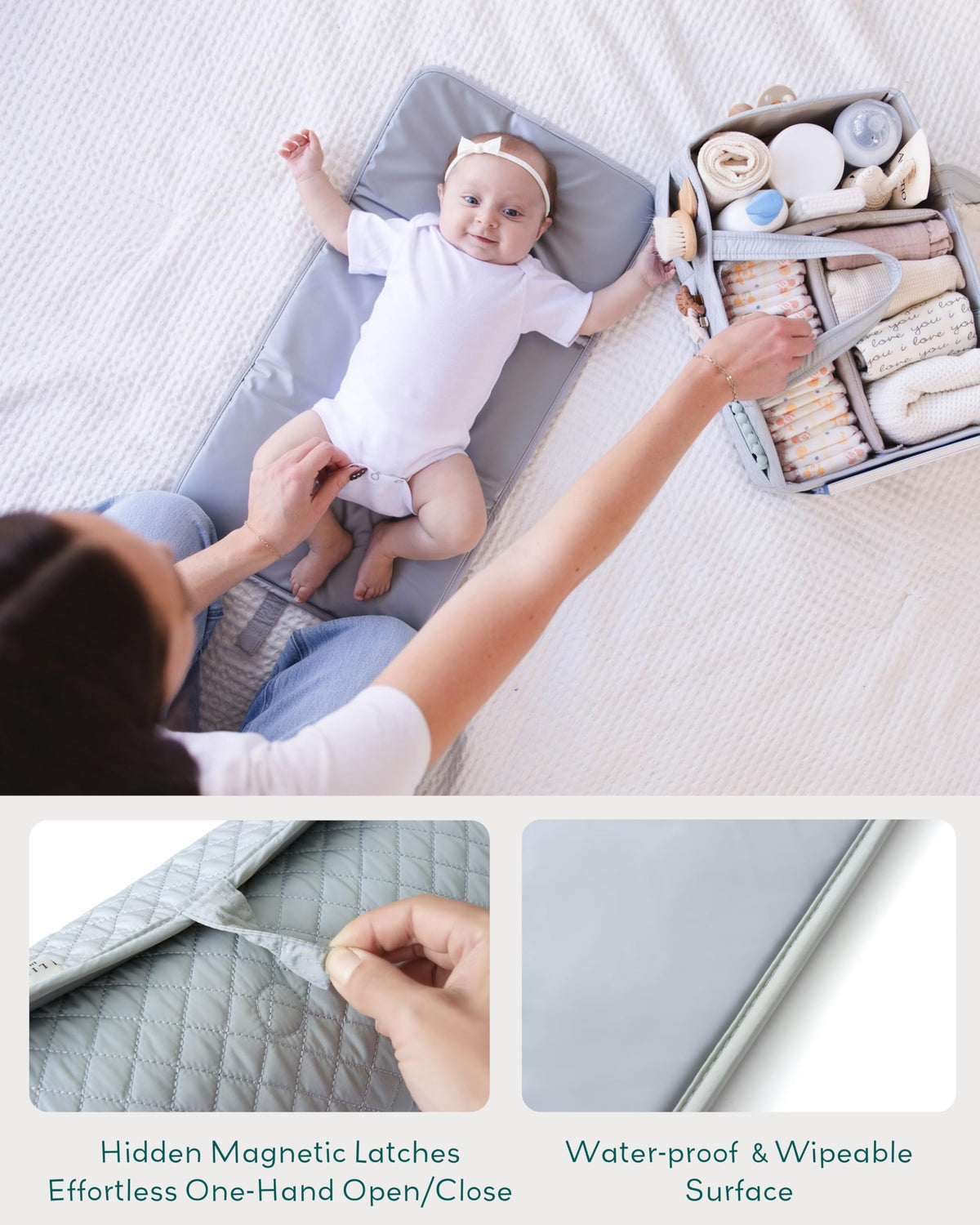 Lily Miles - Cambiador portátil para bebé, cambiador de pañales con cierres magnéticos, almohadilla de viaje para bolsa de pañales, esencial para bebé, tapete lavable e impermeable (gris jaspeado