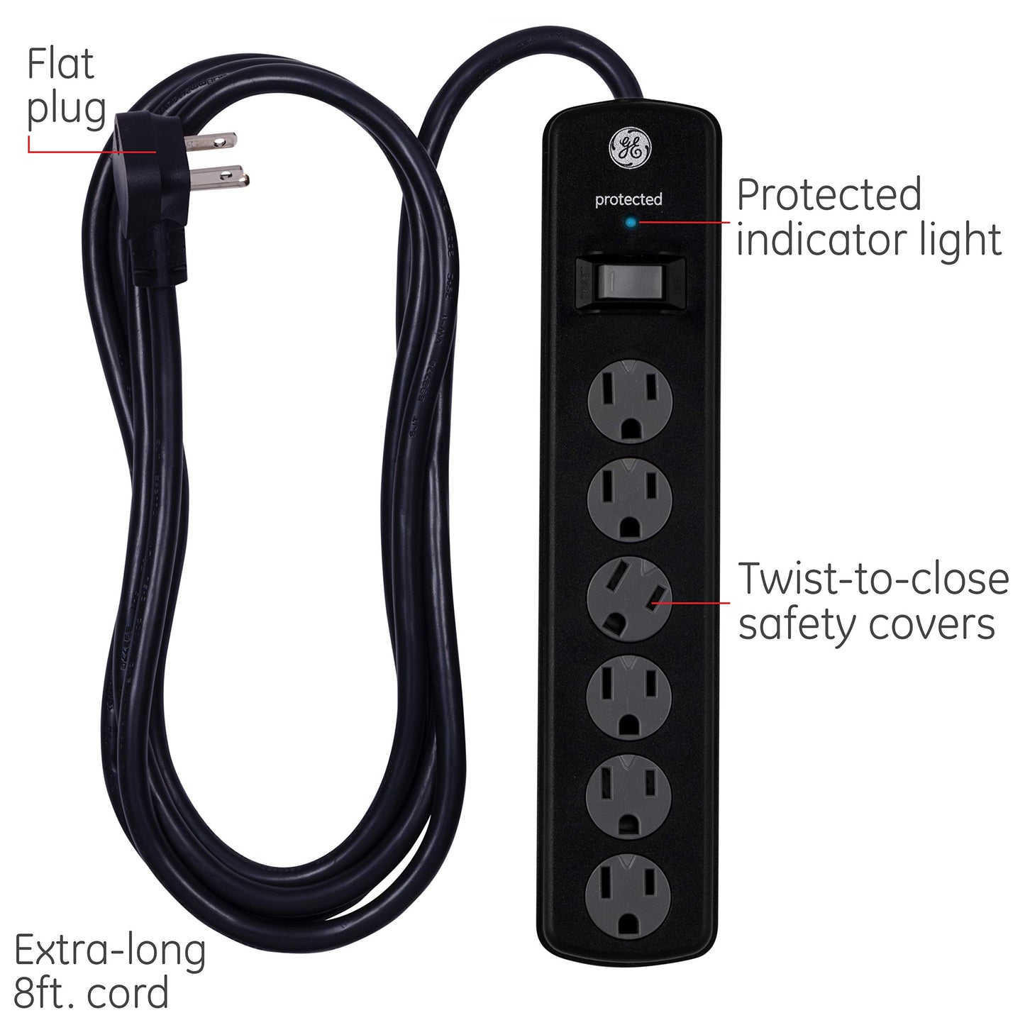 GE Tira Multicontactos De 6 Salidas Con Supresor De Picos Y Enchufe Plano, Cable De Extensión De 2.4 Metros (8 Pies), 1300 Julios, Cubiertas De Seguridad Con Giro Para Cerrar, Negro, 2 Unidades, 54643