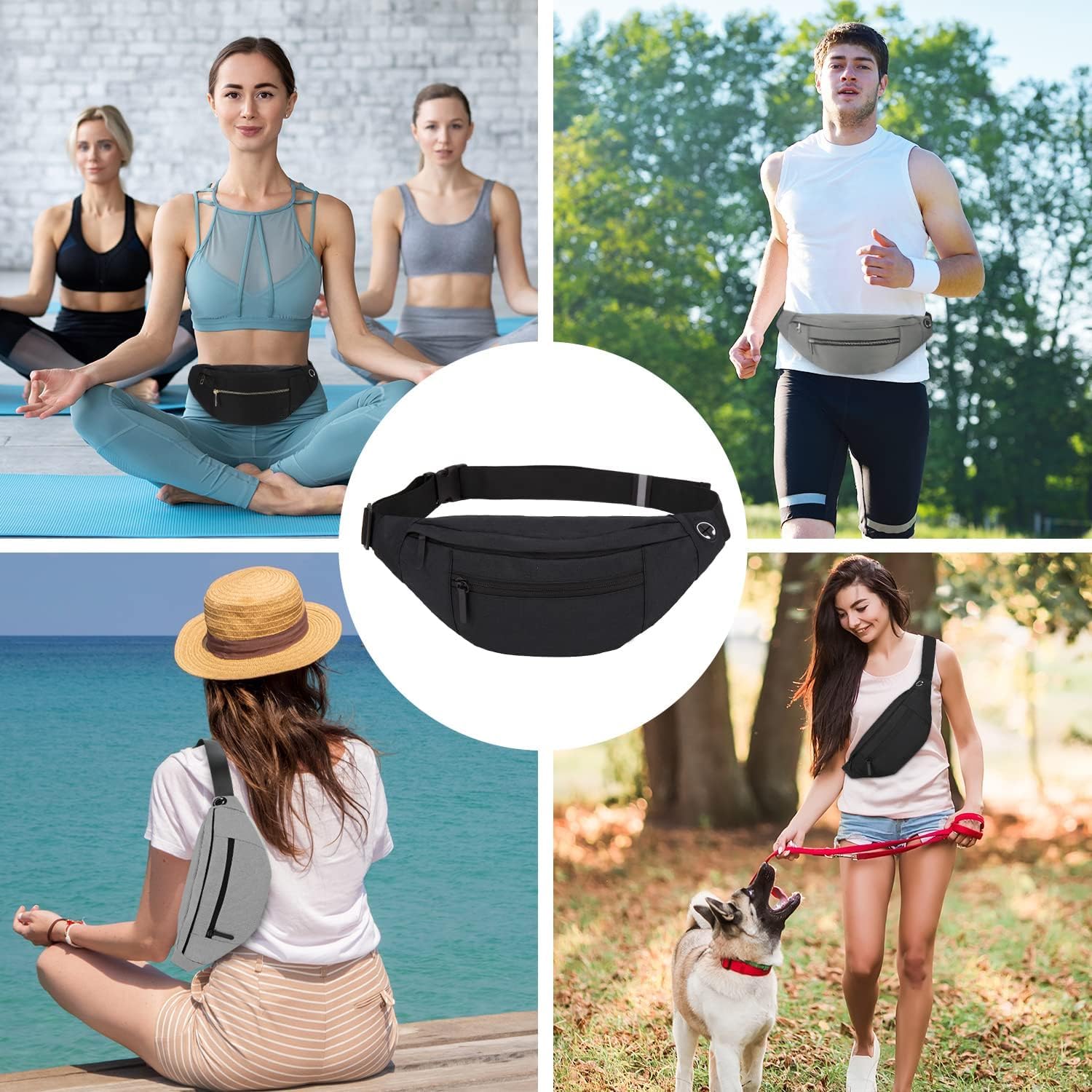 CXJYSD Riñonera de casual para hombres y mujeres,correa de hombro ajustable multifuncional,bolso cruzado con 4 bolsillos con cremallera, adecuado para hacer ejercicio,correr (negro-04)