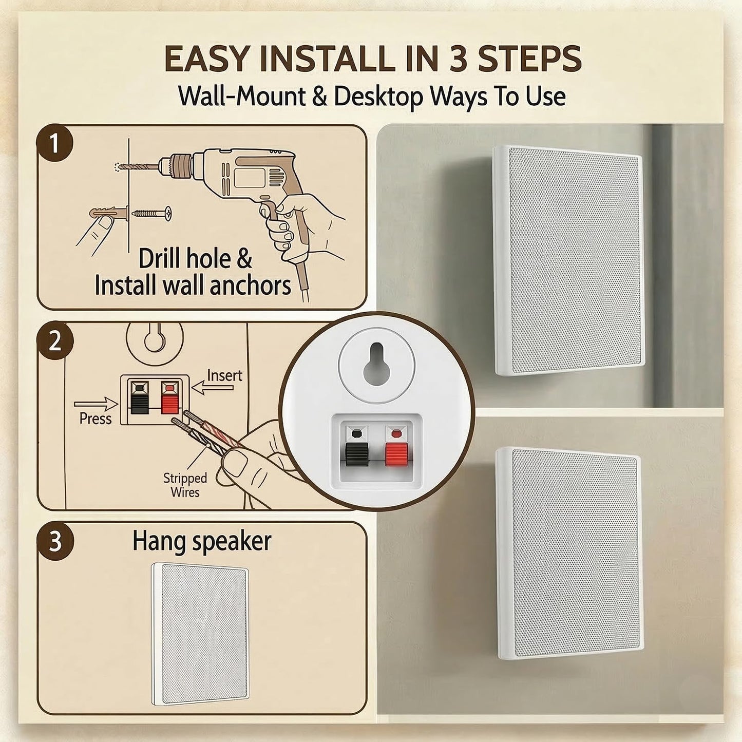 Herdio - Altavoces de pared ultrafinos de 5.25 pulgadas y 240 W (un par, blanco) - Diseño de montaje en pared con sonido claro nítido y construcción duradera para entretenimiento en el hogar inmersivo