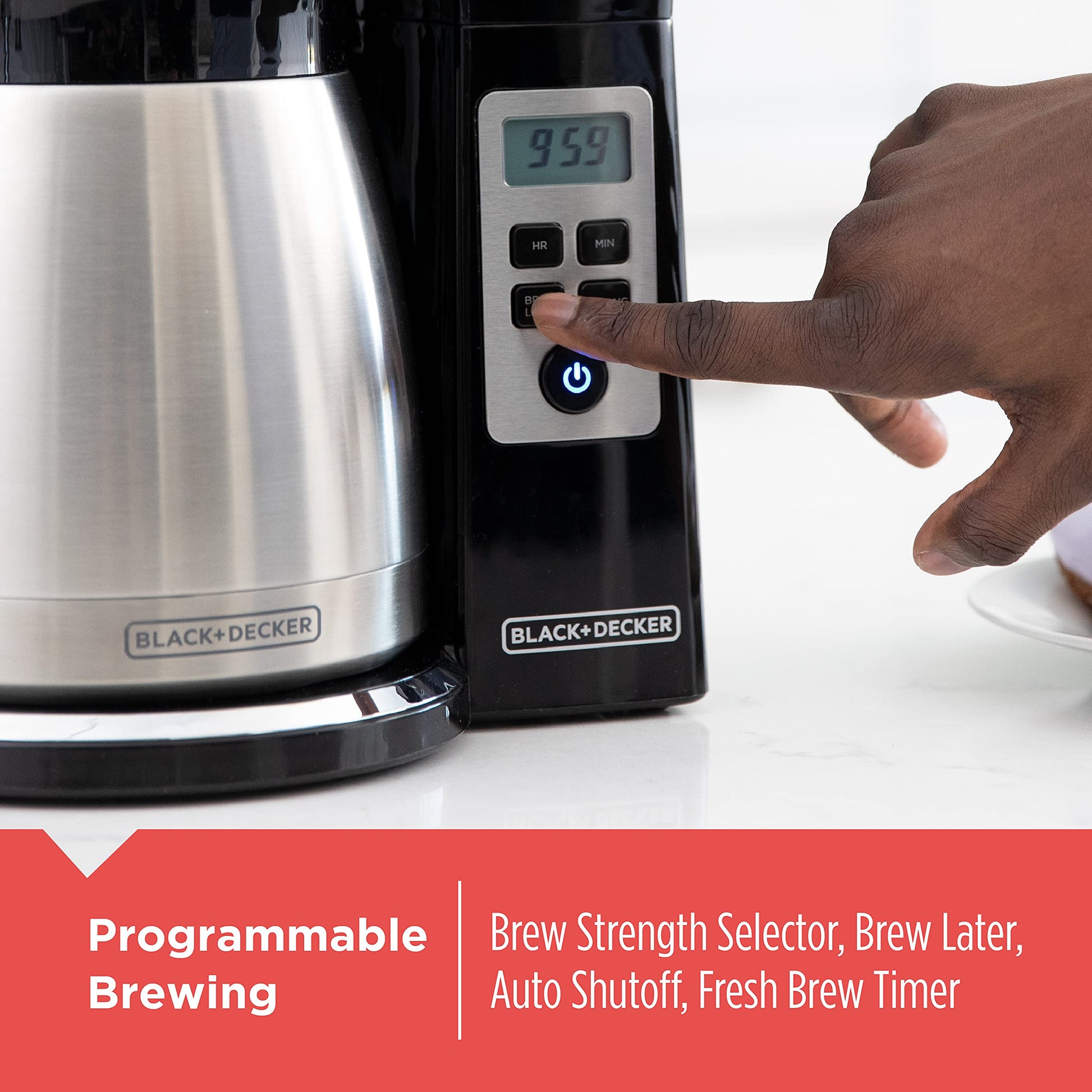 BLACK+DECKER - Cafetera térmica programable de 12 tazas con fuerza de infusión y tecnología VORTEX, color negro y acero
