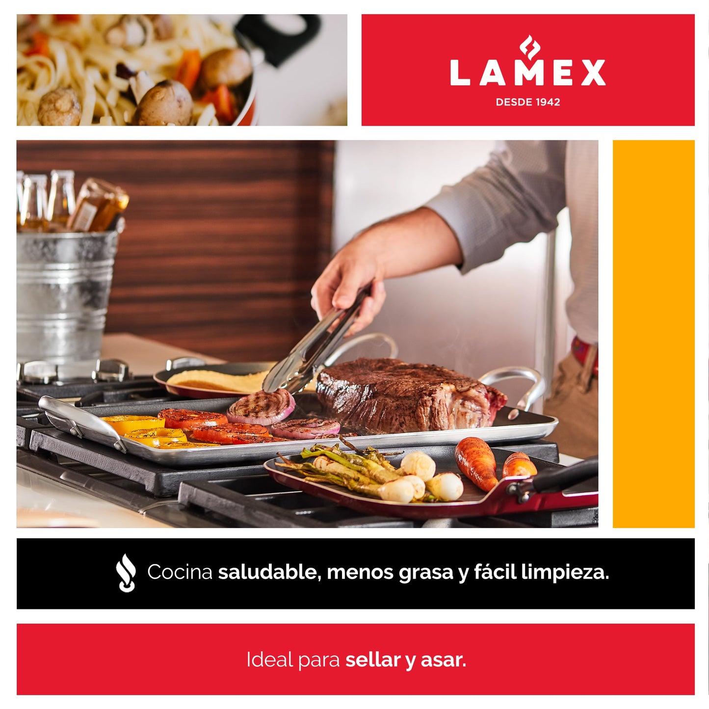 LAMEX | Charola Texas Grill Antiadherente - 4mm de Espesor | Bateria de Cocina - Utensillos de Cocina | Charolas para Hornear - Ideal para tu Hogar & Cocina Integral | Resistente Asas de Aluminio