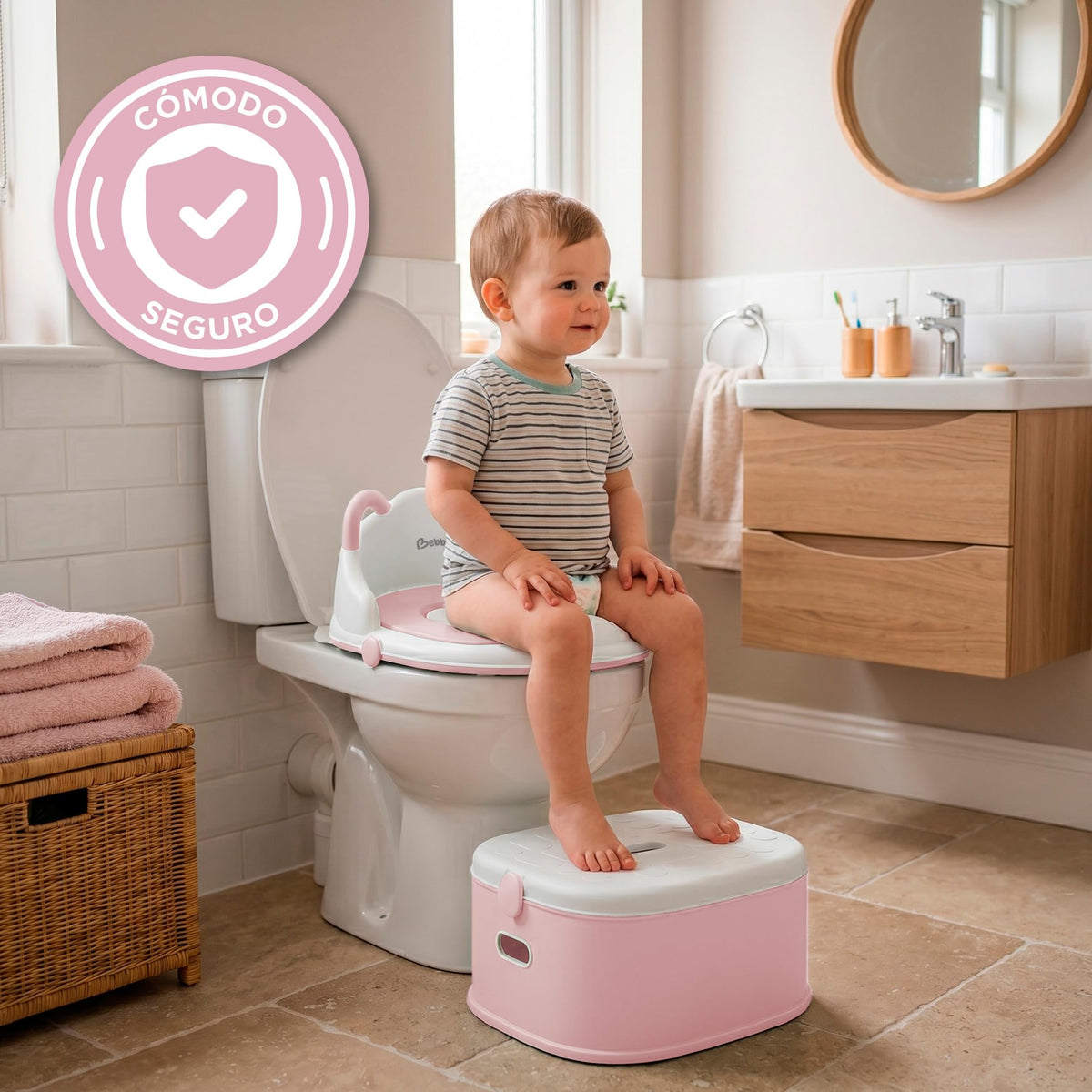 BEBBLY Bañito Entrenador Infantil 3 en 1, Bacinica, Asiento Reductor y Banco con Almacenamiento Antiderrapante para Niños de 6 Meses a 3 Años, Fácil de Limpiar, para Aprender a ir al Baño (Rosa)