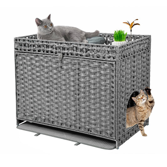 FABATO Arenero para Gato Grande Cerrado - Casa para Gatos Exterior - Puerta Lateral para tu Mascota - Mueble de Mimbre Ratán Tejido a Mano - Incluye Alfombrilla Suave (Gris)