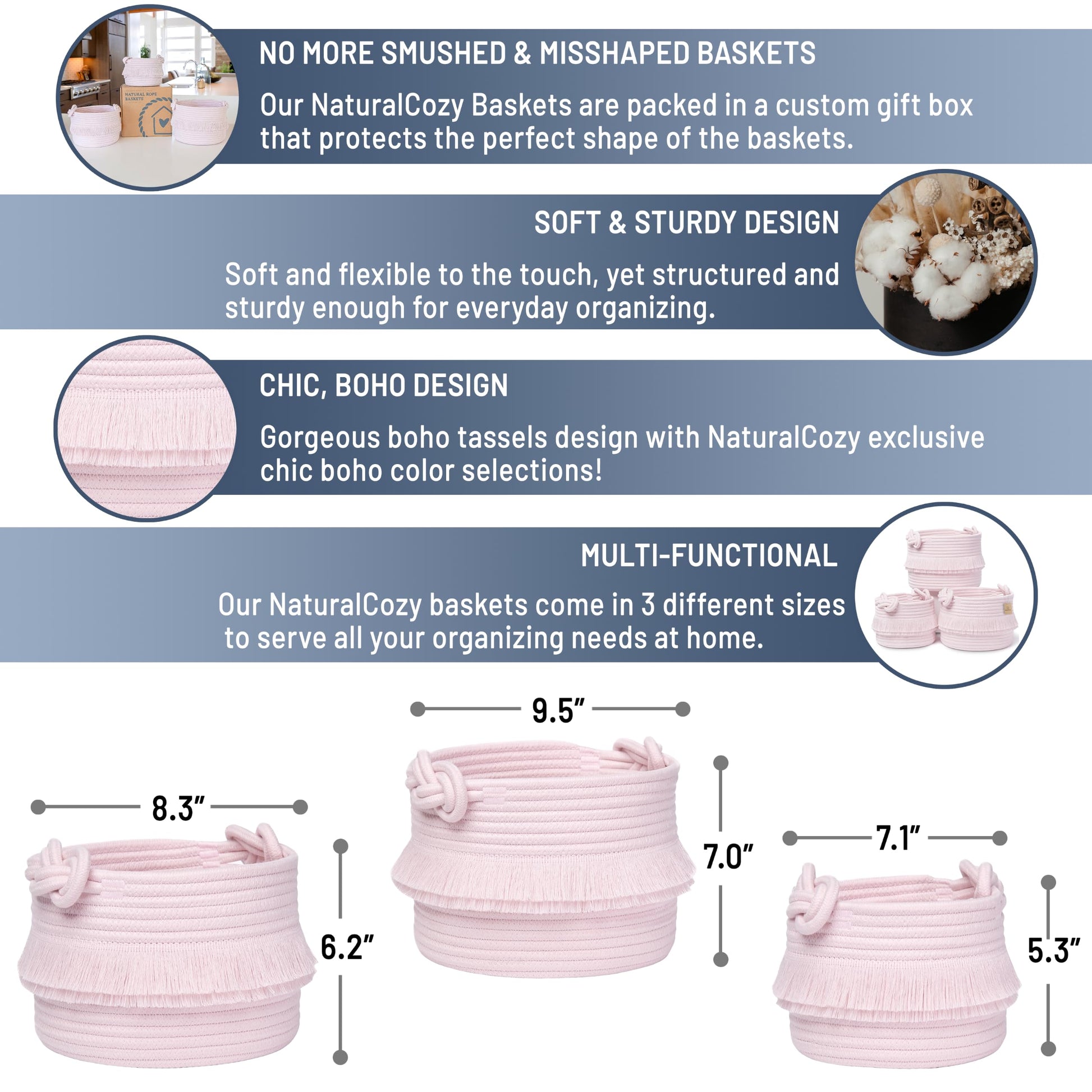 NaturalCozy Juego de 3 cestas decorativas de almacenamiento – Cestas pequeñas tejidas de cuerda de algodón rosa para organizar para guardería, artículos para bebé, regalo, tocador, Montessori, cubo de