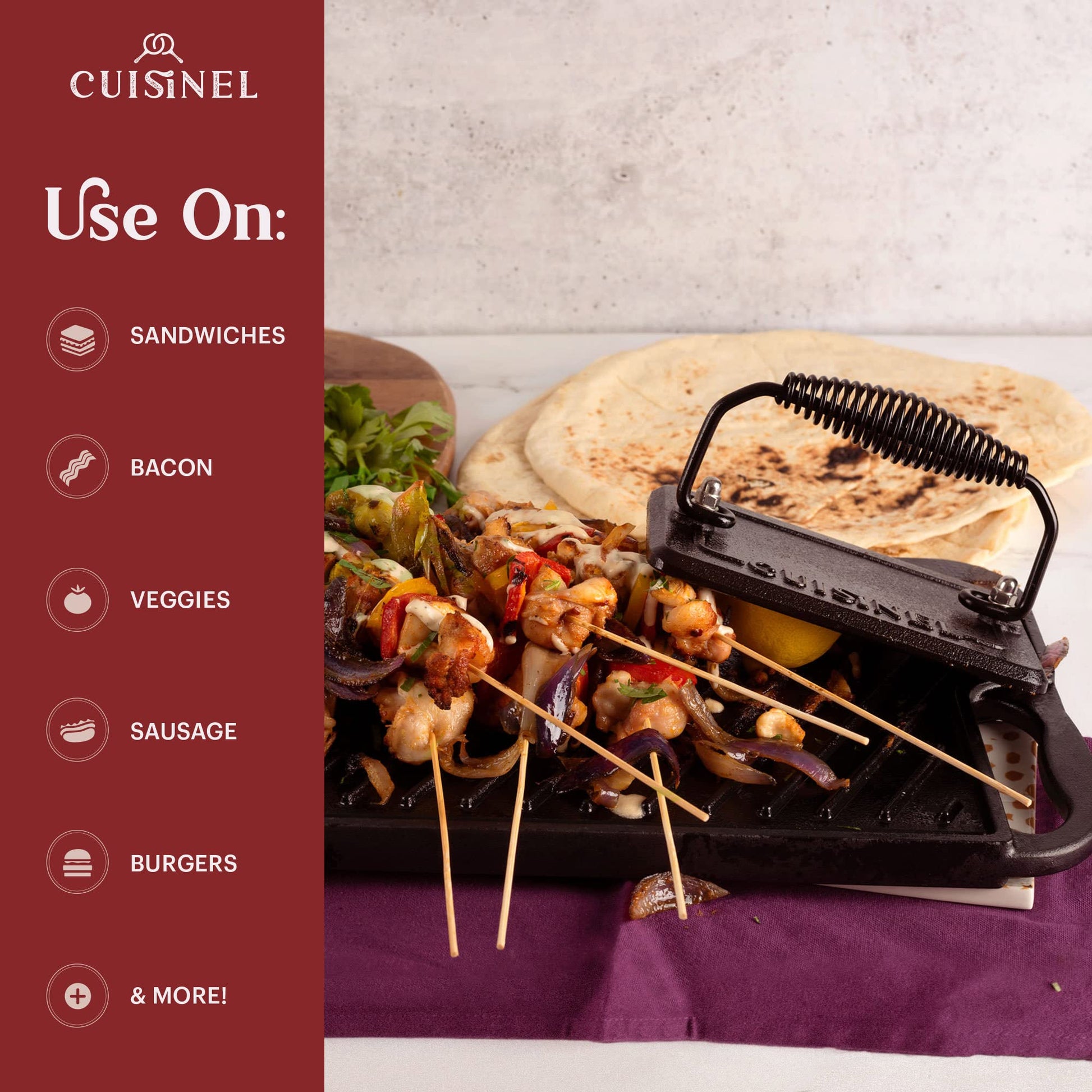 Cuisinel - Sartén para parrilla de hierro fundido + prensa rectangular de hierro fundido + tapa de vidrio templado + rascador de sartén, sartén acanalada presazonada, 10.5 pulgadas cuadrada Grillig