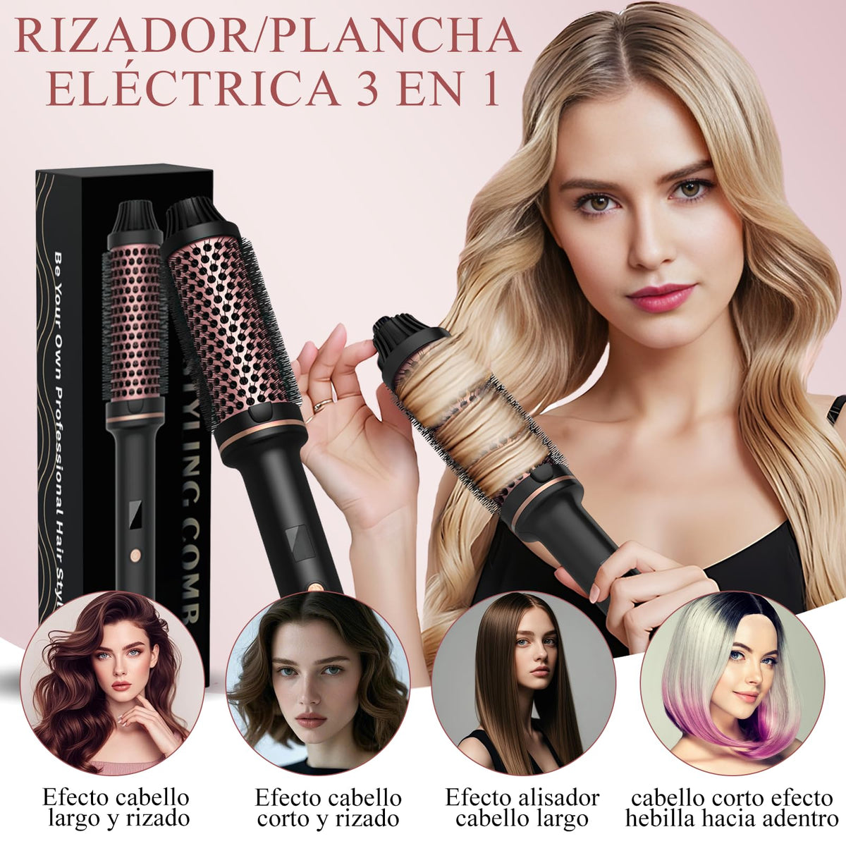 Cepillo de Aire Caliente Eléctrico Anti-Frizz de Iones Negativos para Cabello Rizado y Liso con Guantes Anti-Escaldaduras