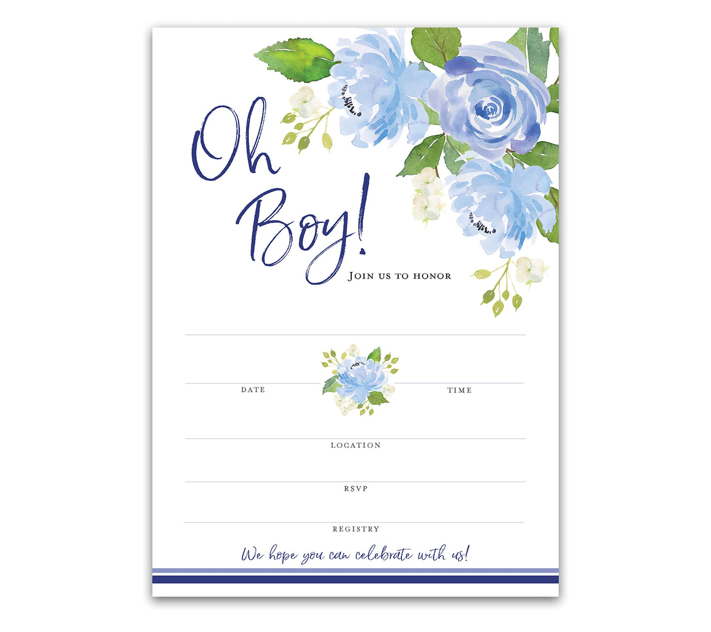 Invitaciones para fiesta de bebé, paquete de 25 unidades, diseño de flores azules
