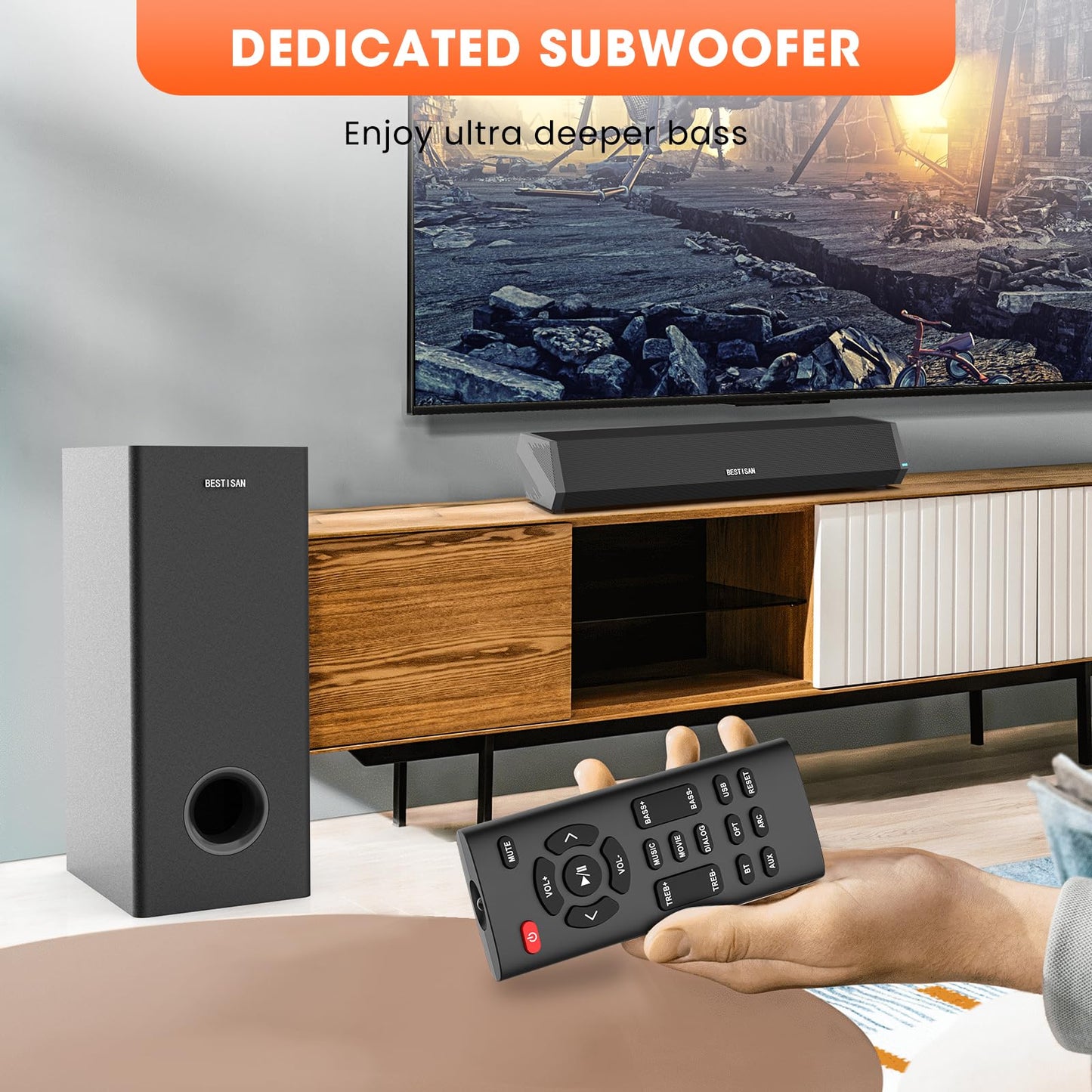 BESTISAN Barras de sonido para TV con subwoofer, 2.1 graves profundos pequeña barra de sonido para monitor de TV, altavoz de cine en casa, sistema de sonido envolvente para juegos de PC con conexión