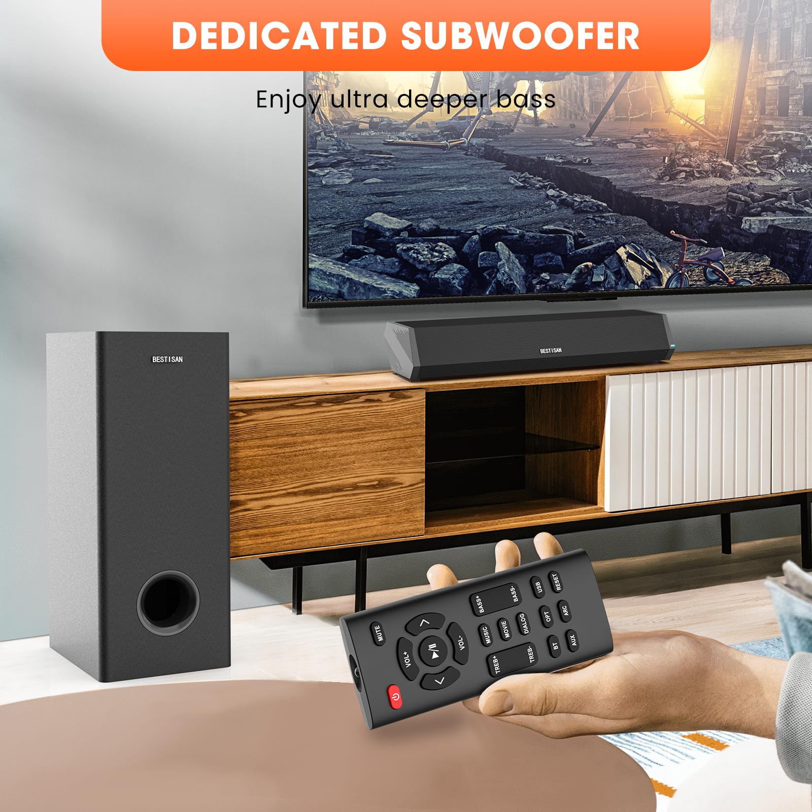 BESTISAN Barras de sonido para TV con subwoofer, 2.1 graves profundos pequeña barra de sonido para monitor de TV, altavoz de cine en casa, sistema de sonido envolvente para juegos de PC con conexión