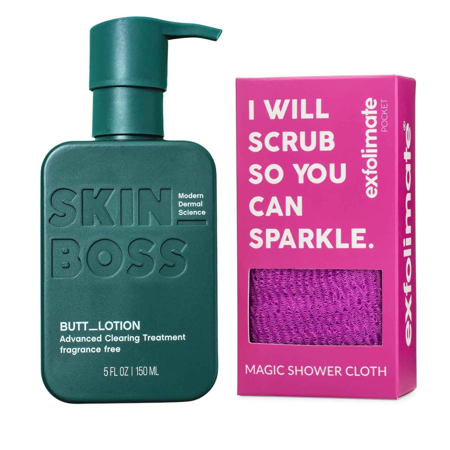 Brilliant Booty Kit | Butt Acne Clearing Lotion and ExfoliMATE Magic Body Exfoliating Cloth for Soft & Young Skin (Purple) by Green Heart Labs