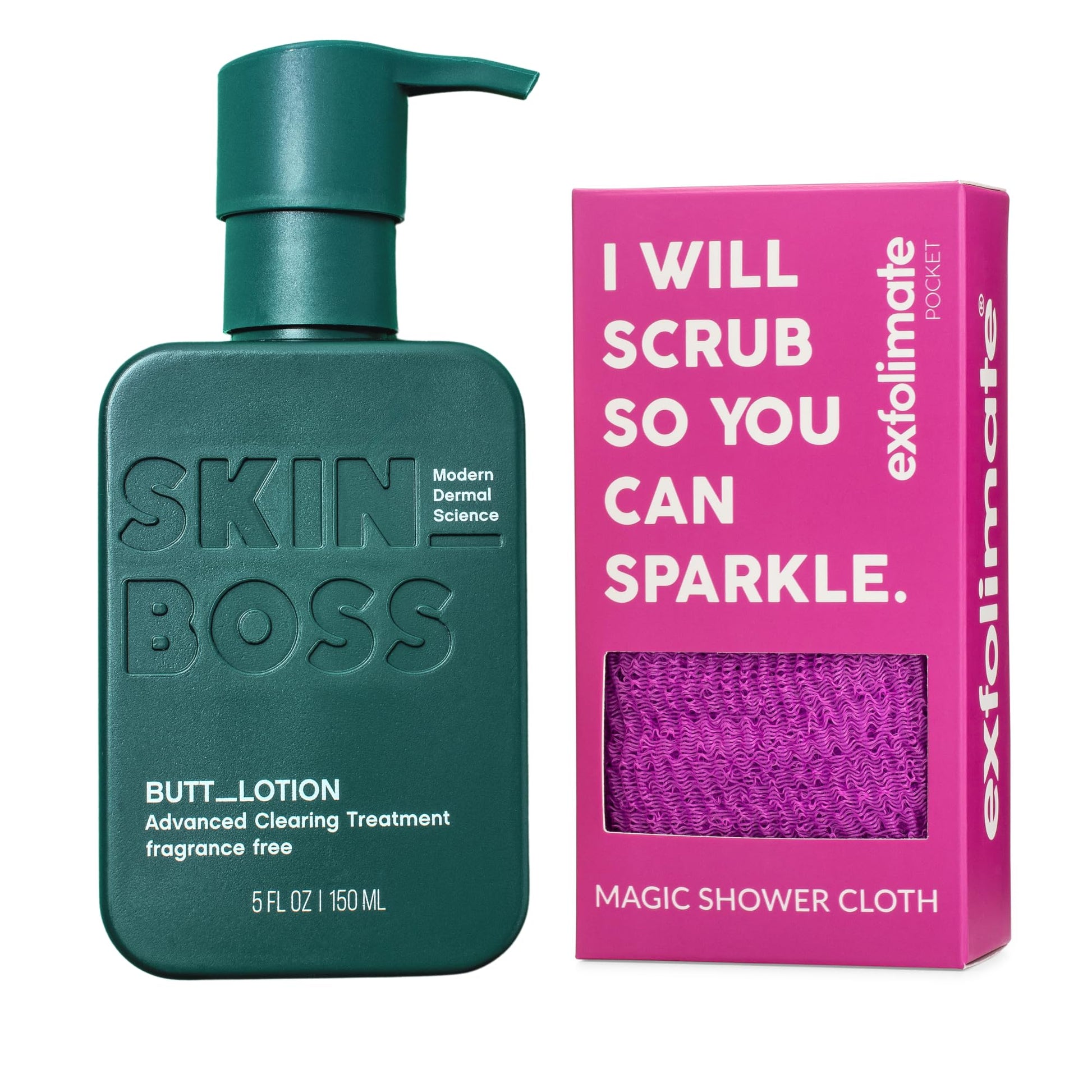 Brilliant Booty Kit | Butt Acne Clearing Lotion and ExfoliMATE Magic Body Exfoliating Cloth for Soft & Young Skin (Purple) by Green Heart Labs