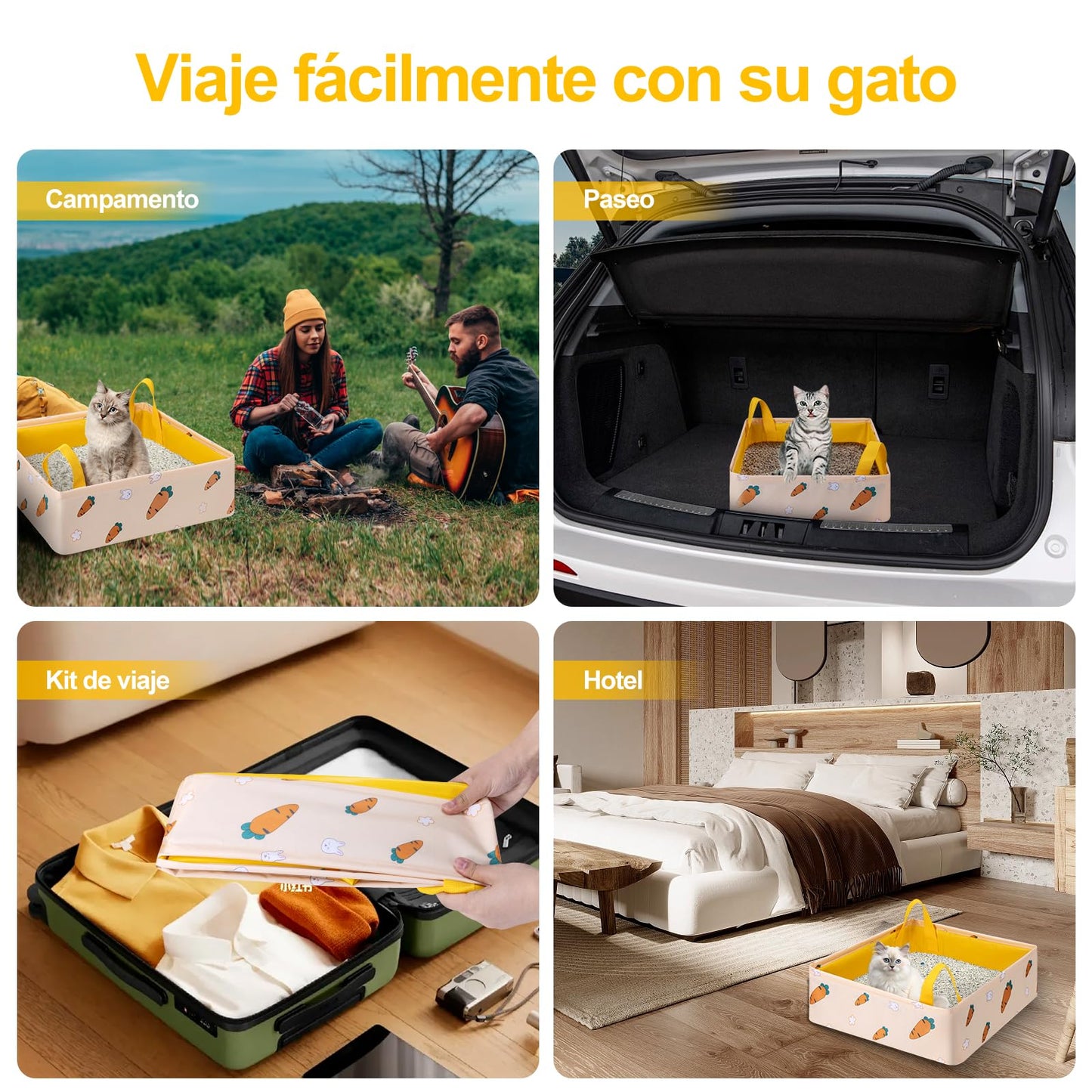 LESUCCI Caja de Arena para Gatos Portátil, Caja de Arena Plegable para Gatos con Asa Estándar para Viajes, Sin Fugas, Impermeable, Ideal para Gatos Medianos Y Pequeños, Fácil de Limpiar (Amarillo)