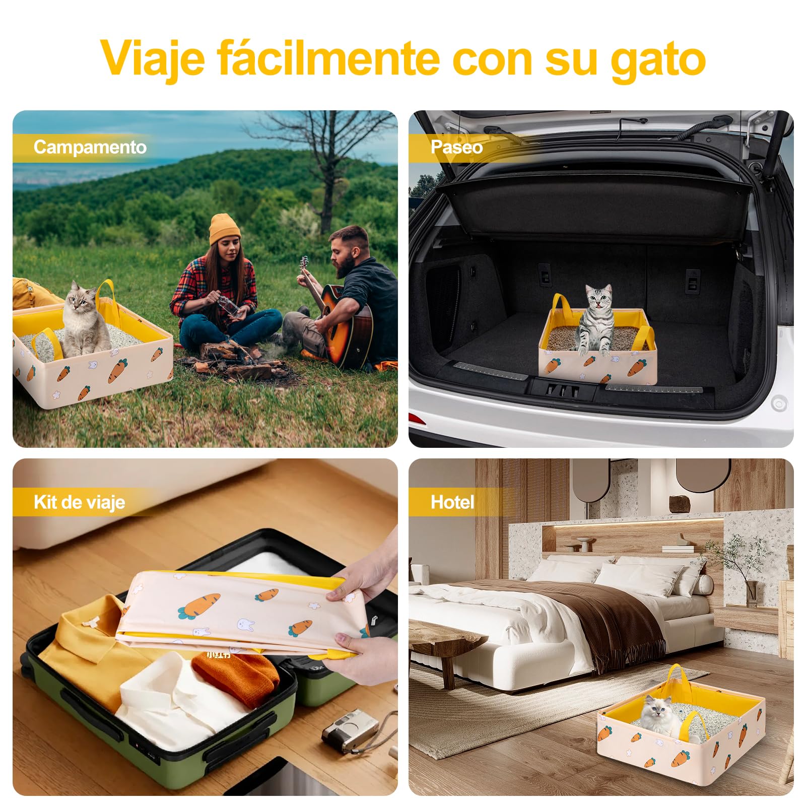 LESUCCI Caja de Arena para Gatos Portátil, Caja de Arena Plegable para Gatos con Asa Estándar para Viajes, Sin Fugas, Impermeable, Ideal para Gatos Medianos Y Pequeños, Fácil de Limpiar (Amarillo)