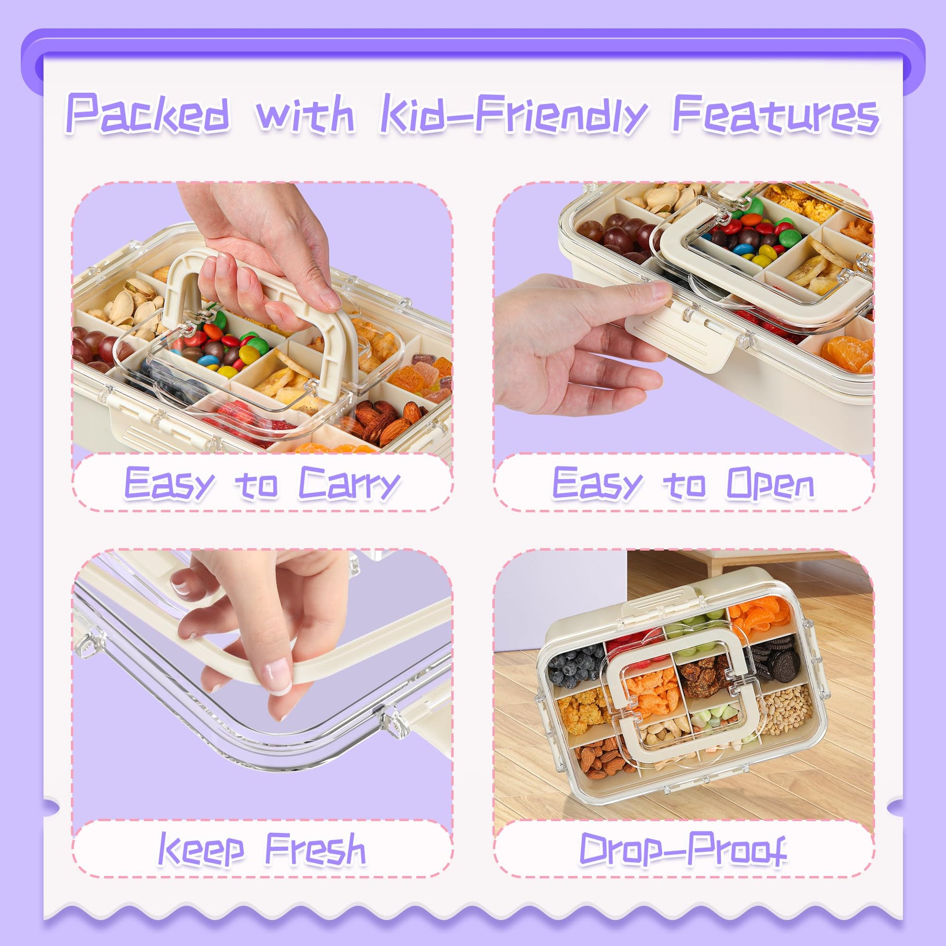 Xyptorix - Contenedor de caja de aperitivos para niños, 12 compartimentos ajustables con tapa y asa, apto para lavaplatos, sin BPA, almacenamiento portátil de alimentos para la escuela, viajes, parque