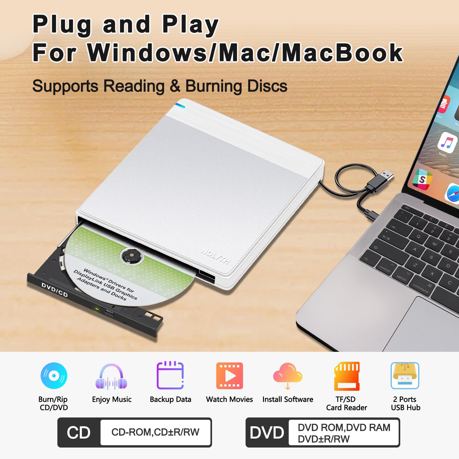 Unidad de CD y DVD Externa NOLYTH Plateado con Grabadora USB y Alta Velocidad