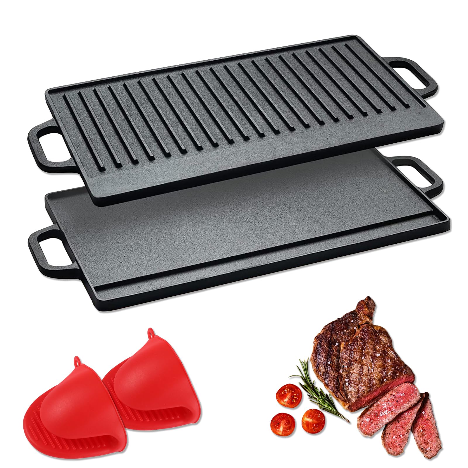 Plancha para Parrilla de Hierro Fundido Reversible Fácil de Limpiar Antiadhesiva 50.5 * 23.5cm para Estufas de Gas y Barbacoas