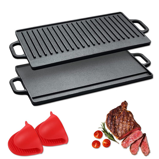 Plancha para Parrilla de Hierro Fundido Reversible Fácil de Limpiar Antiadhesiva 50.5 * 23.5cm para Estufas de Gas y Barbacoas