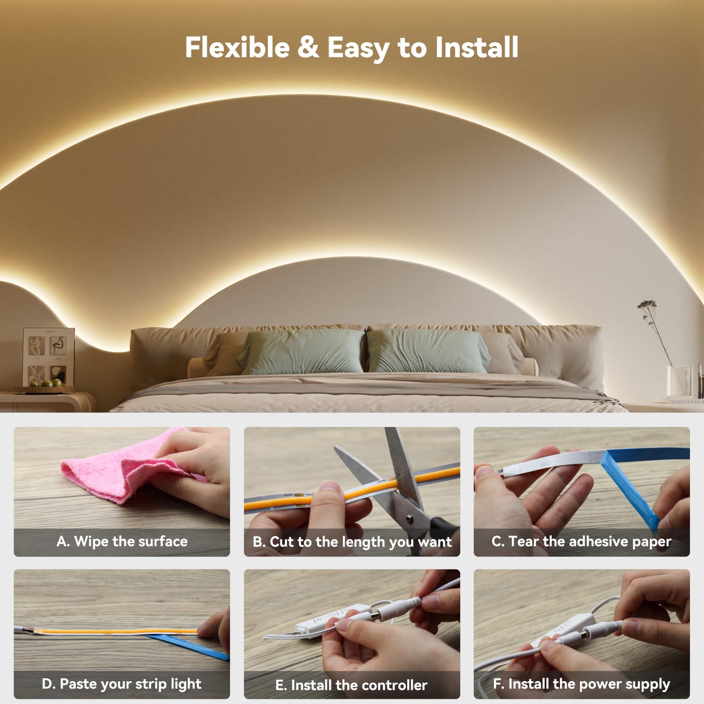 Tira de Luz LED PAUTIX Blanco Cálido Alta Luminosidad Flexible y Regulable para Iluminación del Hogar y Oficina