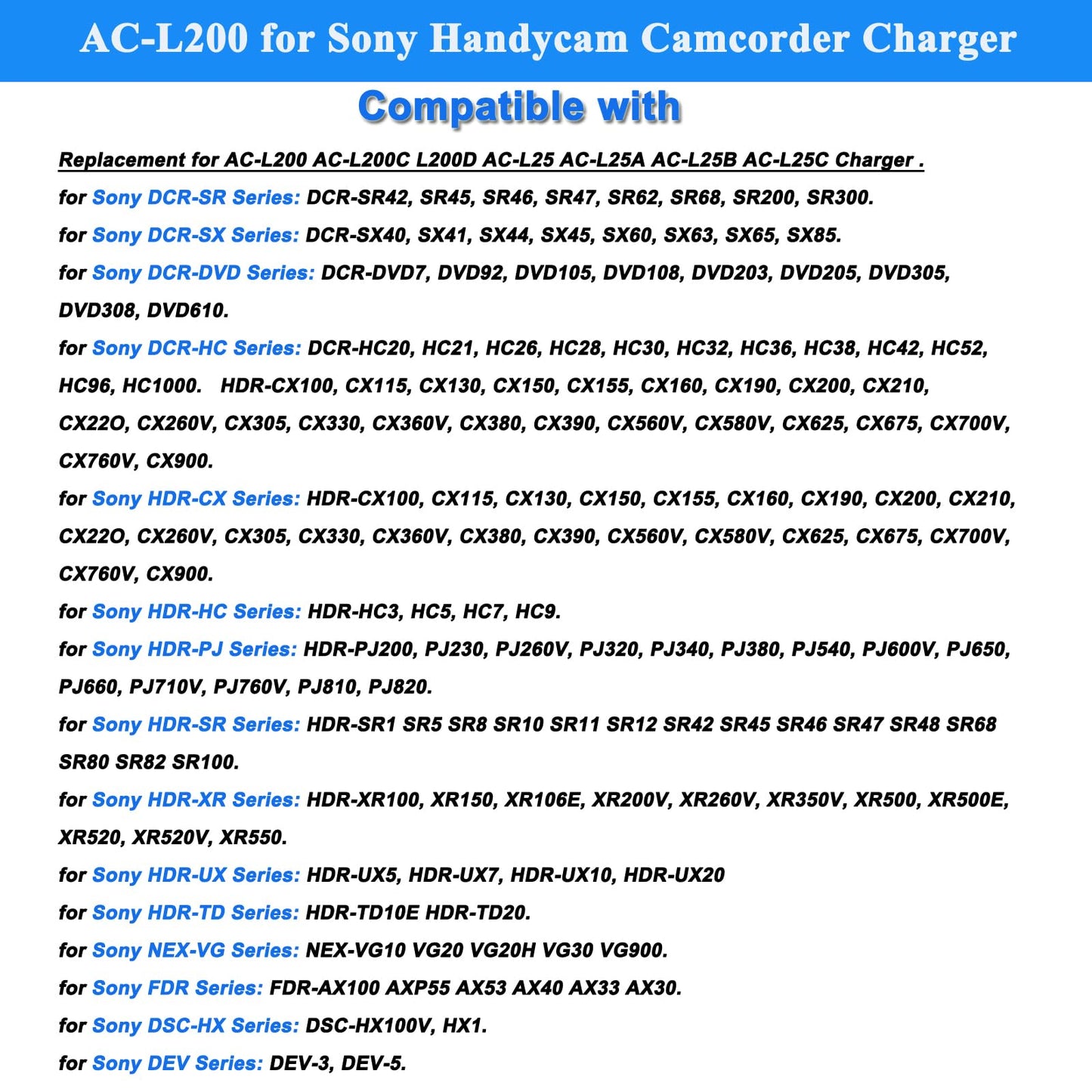 TKDY AC-L200 Camcorder Charger for Sony AC-L200 AC-L200C L200D AC-L25 AC-L25A AC-L25B AC-L25C, fit for Sony Handycam DVD105 DVD108 DVD203 DVD205 DVD305 DVD308 DVD610 DCR-HC85 DCR-HC90 Power Adapter.