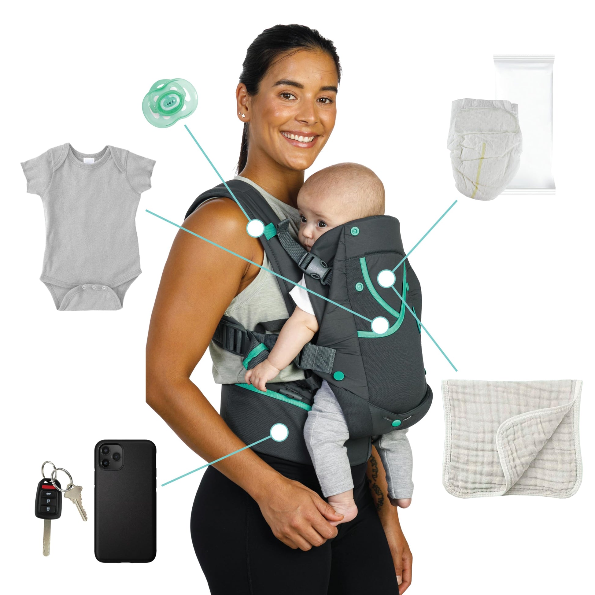 Infantino Carry On Active - Portabebés ergonómico con múltiples bolsillos para bebés y niños, 8-40 libras, con correas acolchadas, almacenamiento de cinturón lumbar y lazo para chupete
