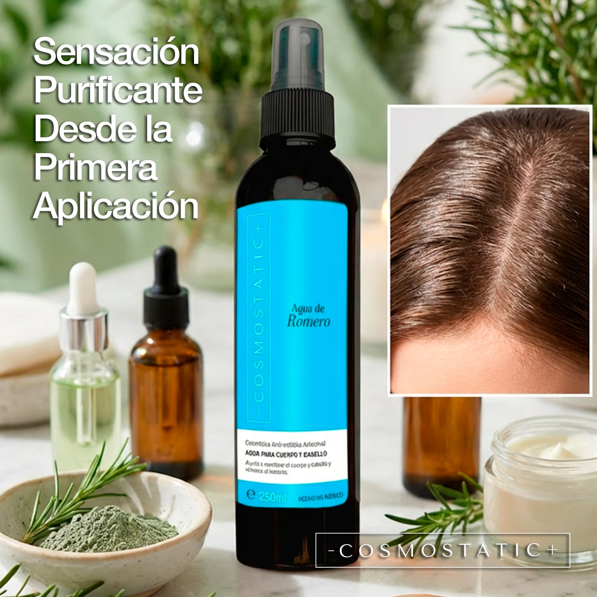 Agua de Romero COSMOSTATIC Natural 100% Anti Caída y Crecimiento de Cabello Acondicionador Orgánico Anti Frizz y Antiestática Cuidado de la Piel y Refrescante Corporal