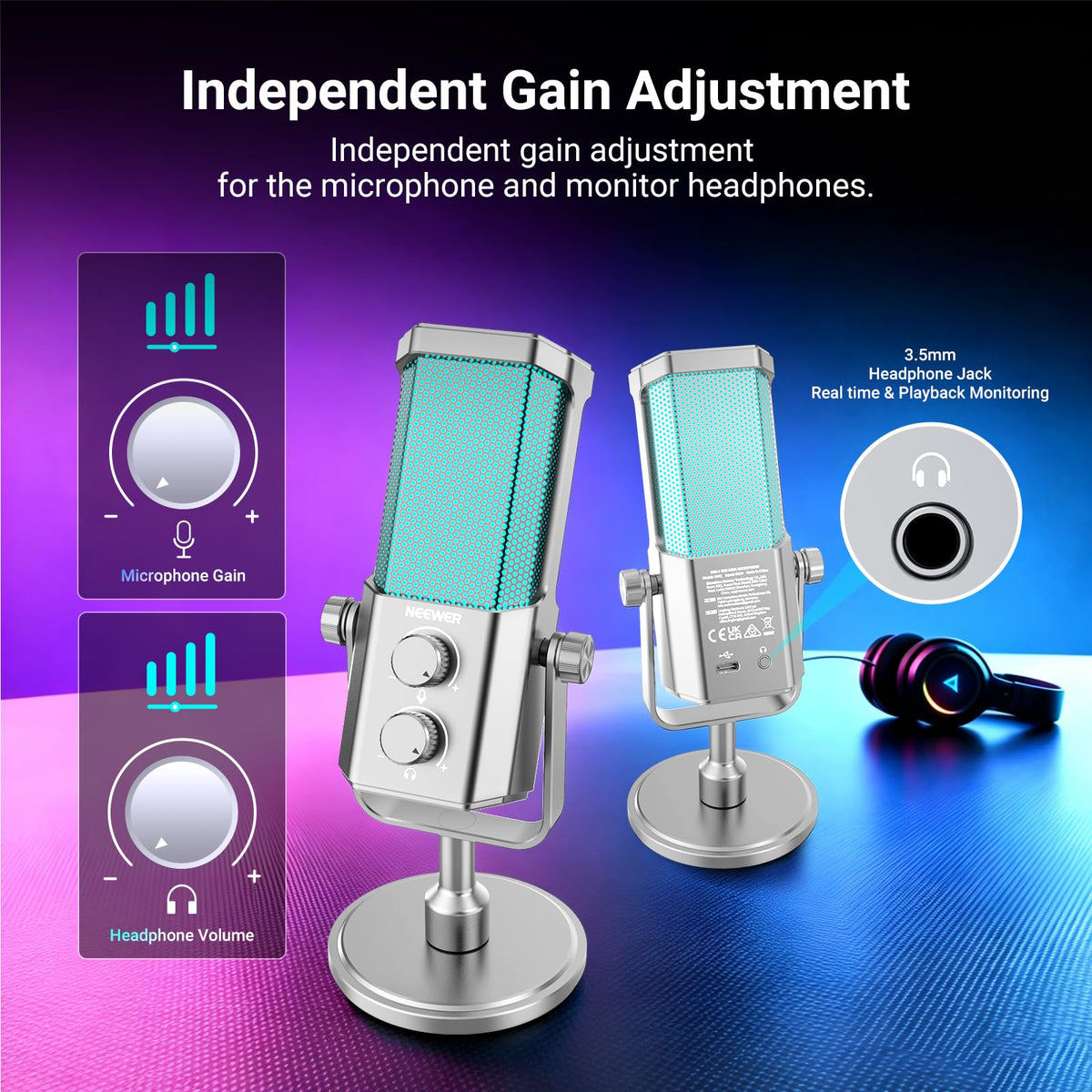 Micrófono USB NEEWER UM01 Plata Cancelación de Ruido RGB para Podcasting