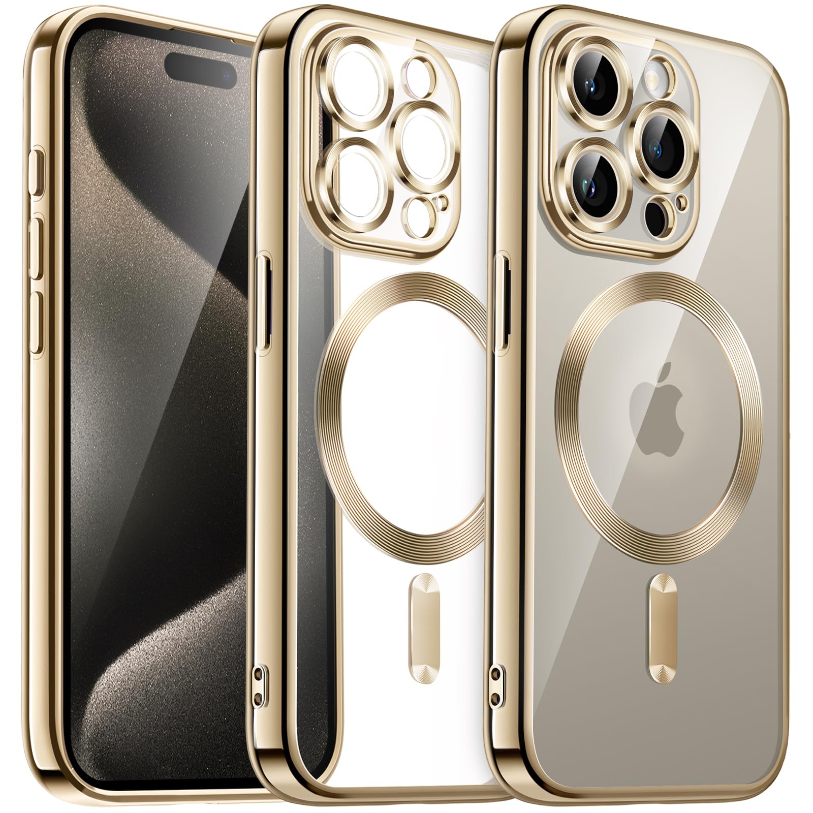 JETech Funda Suave Claro para iPhone 15 Pro MAX 6.7 Pulgadas, Lente Cámara Protección Completa, Compatible con MagSafe Carga Inalámbrica, Carcasa TPU Galvanizada Antigolpes (Oro)