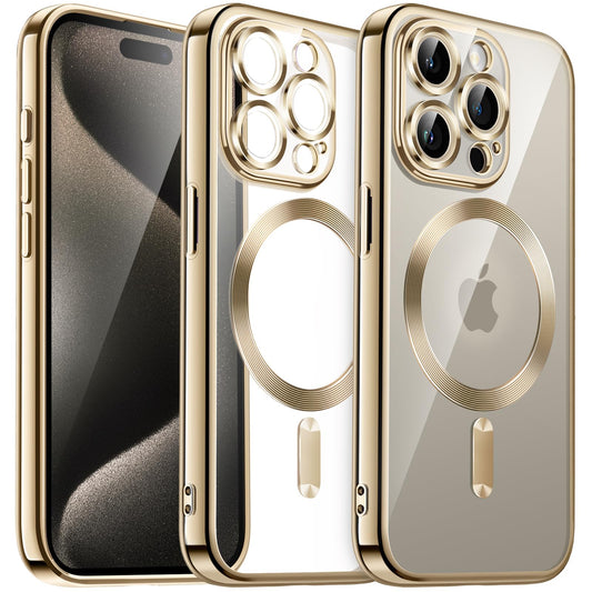 JETech Funda Suave Claro para iPhone 15 Pro MAX 6.7 Pulgadas, Lente Cámara Protección Completa, Compatible con MagSafe Carga Inalámbrica, Carcasa TPU Galvanizada Antigolpes (Oro)