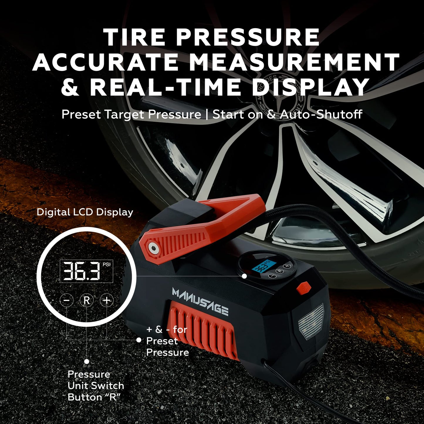 Manusage Compresor de Aire inflador de neumáticos portátil para neumáticos de Coche, compresor de Aire Digital de 150 PSI con luz LED de 12 V CC para vehículos, Motocicletas, Bicicletas, inflar Bolas