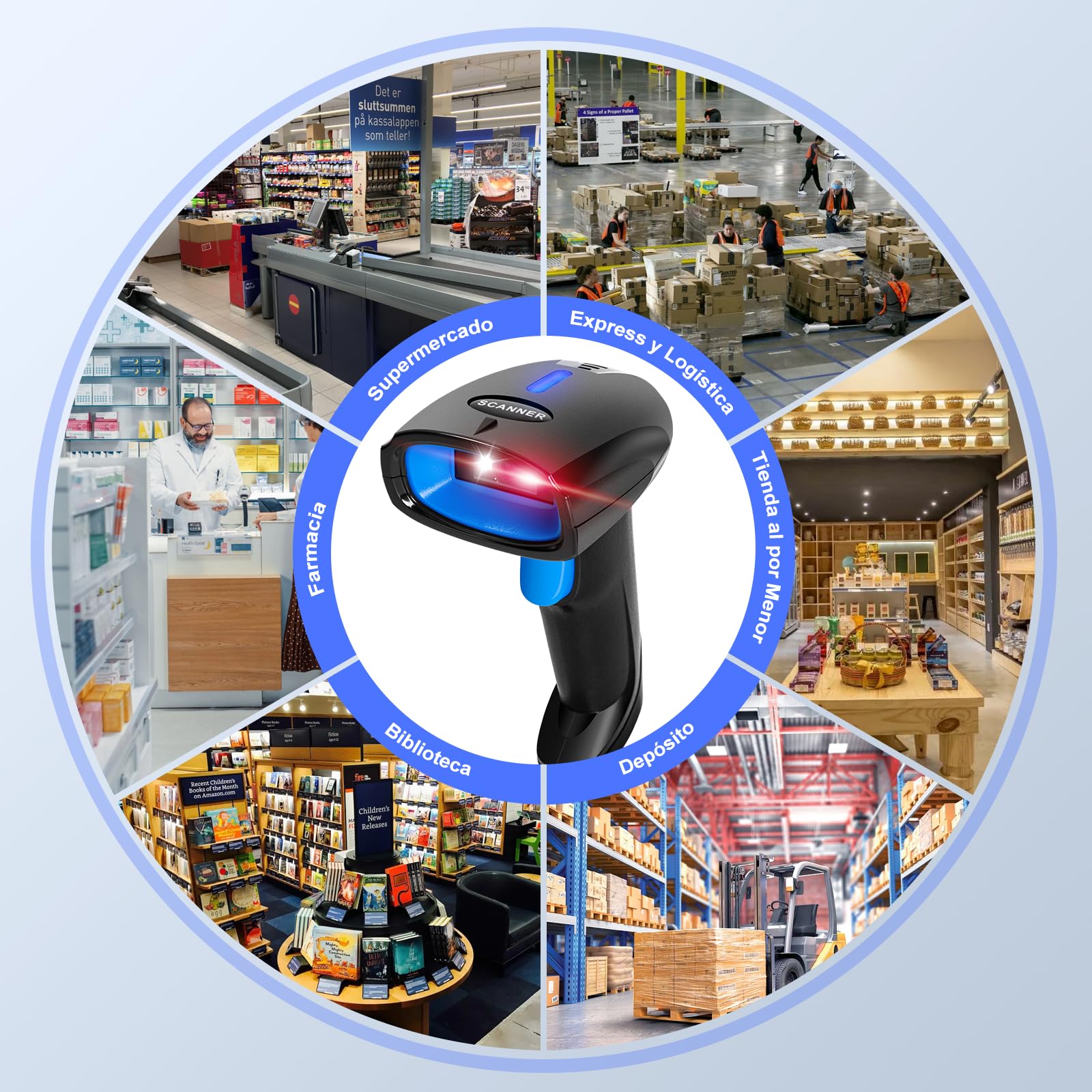 Escaner Codigo de Barras 3 en 1 - 2D 1D Lector Código de Barras Bluetooth Inalámbrico 2.4GHz - Scanner Código de Barras Láser Alámbrico para Supermercado/Biblioteca/Teléfono Android/iOS/PC/Windows/Mac