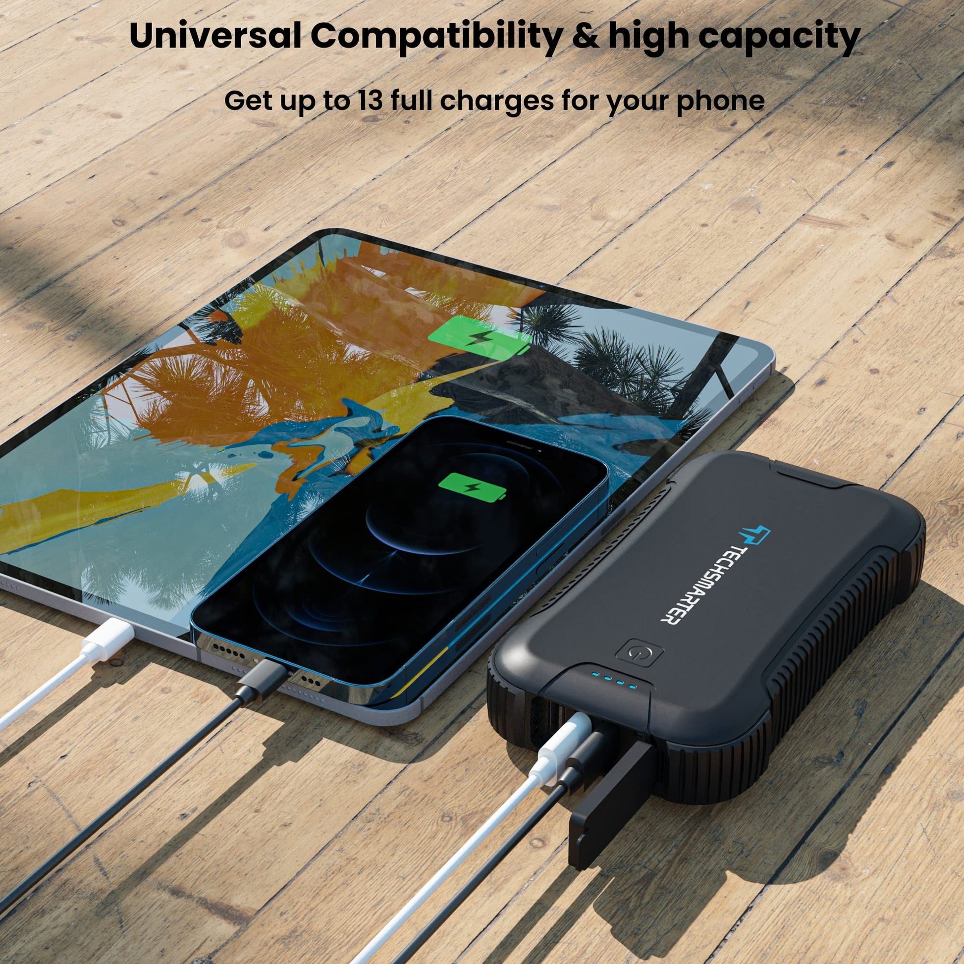Banco de Energía Techsmarter Resistente e Impermeable 30000mah con Linterna para Acampar y al Aire Libre