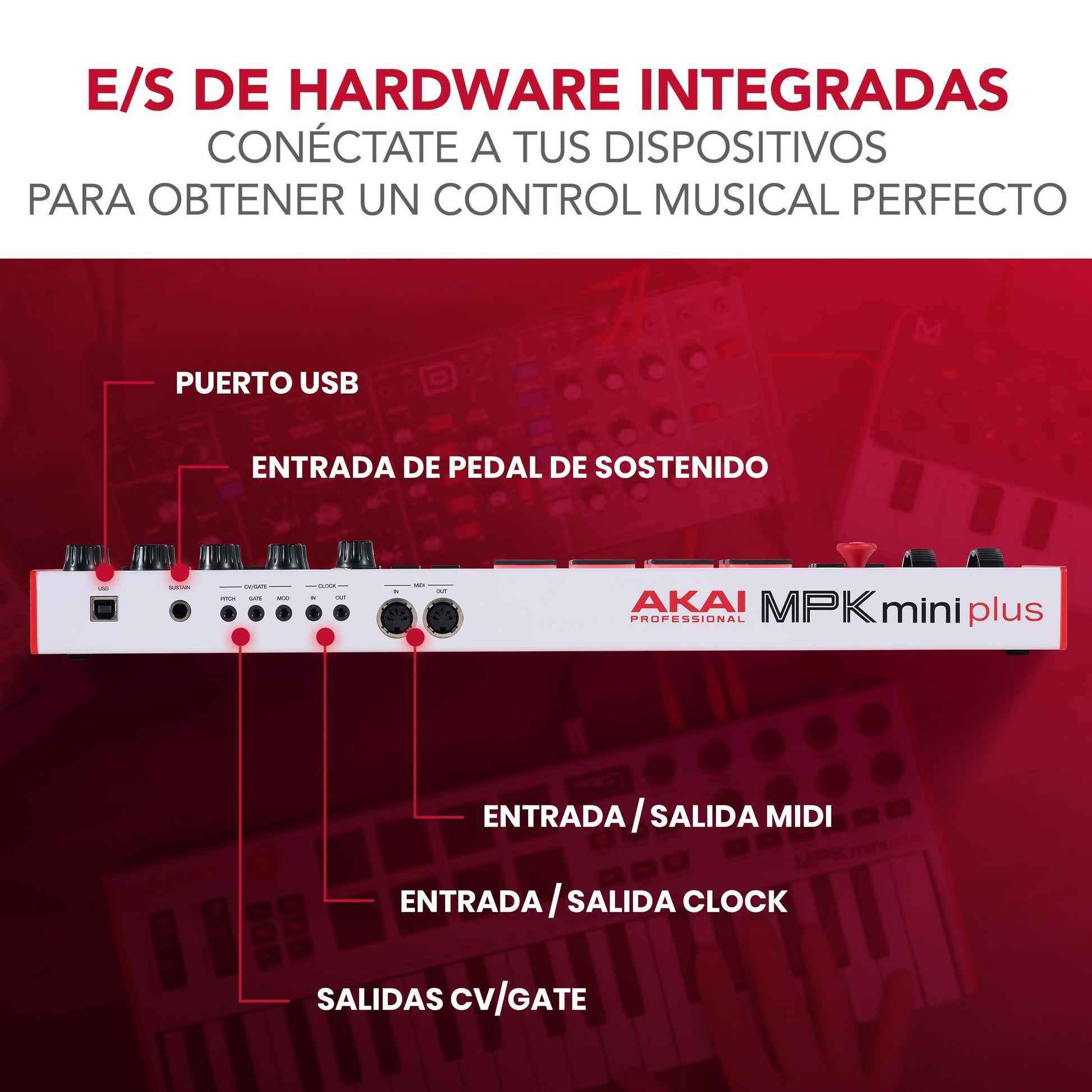 Akai Professional MPK Mini Plus - Teclado Controlador MIDI USB de 37 Mini Teclas con 8 Pads MPC, Secuenciador, MIDI/CV/Gate I/O, Software de Producción y Native Instruments Sound Package, Blanco