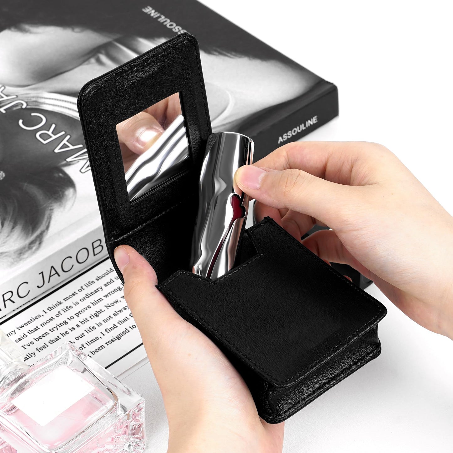 Biiange - Estuche para lápiz labial con espejo, mini soporte para lápiz labial para bolso, bolsa de cosméticos de viaje pequeña, bolsa de maquillaje portátil para lápices labiales y artículos
