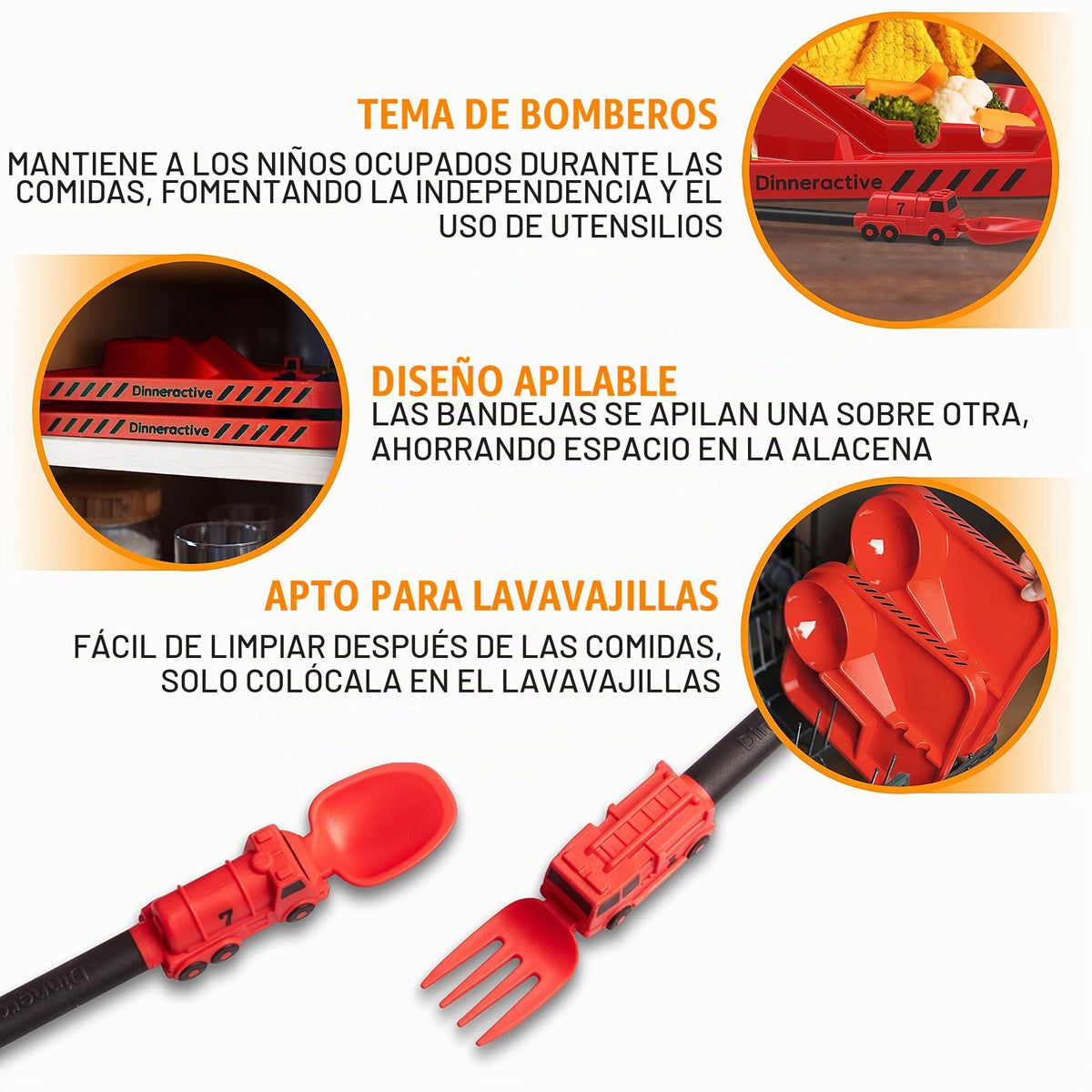 Dinneractive - Juego de comedor para niños, 3 piezas de vajilla de bombero rojo, utensilios de camión de bomberos, platos para niños pequeños, platos para bebés
