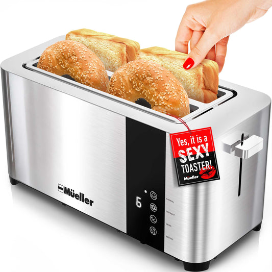Mueller UltraToast - tostador completa de acero inoxidable, 4 rodajas, ranuras largas extra anchas con bandeja extraíble, funciones de cancelación/descongelación/recalentamiento, 6 niveles de color dorado con visualización LED