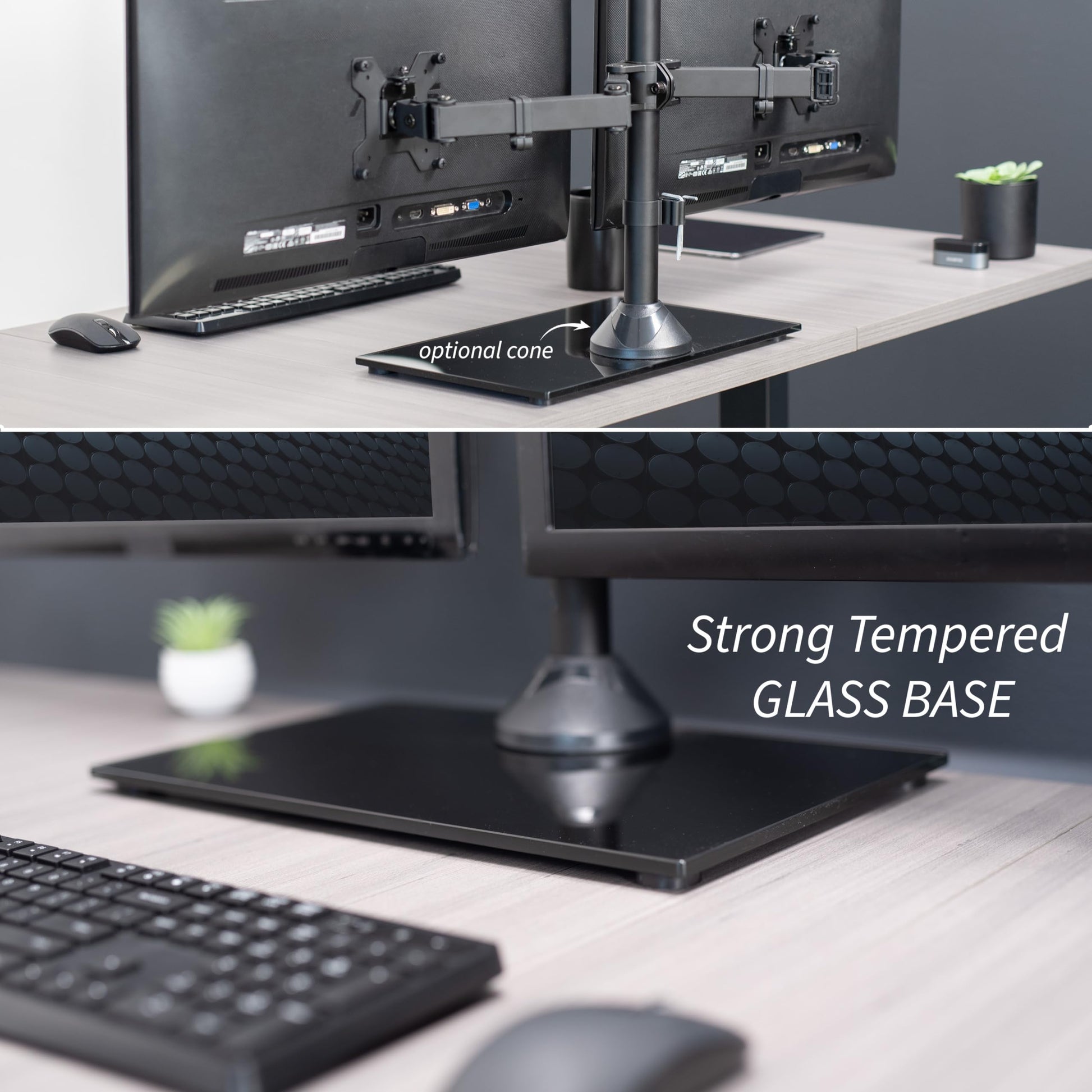 Soporte de Monitor Doble VIVO Negro Independiente con Base de Vidrio Elegante y Brazos Ajustables
