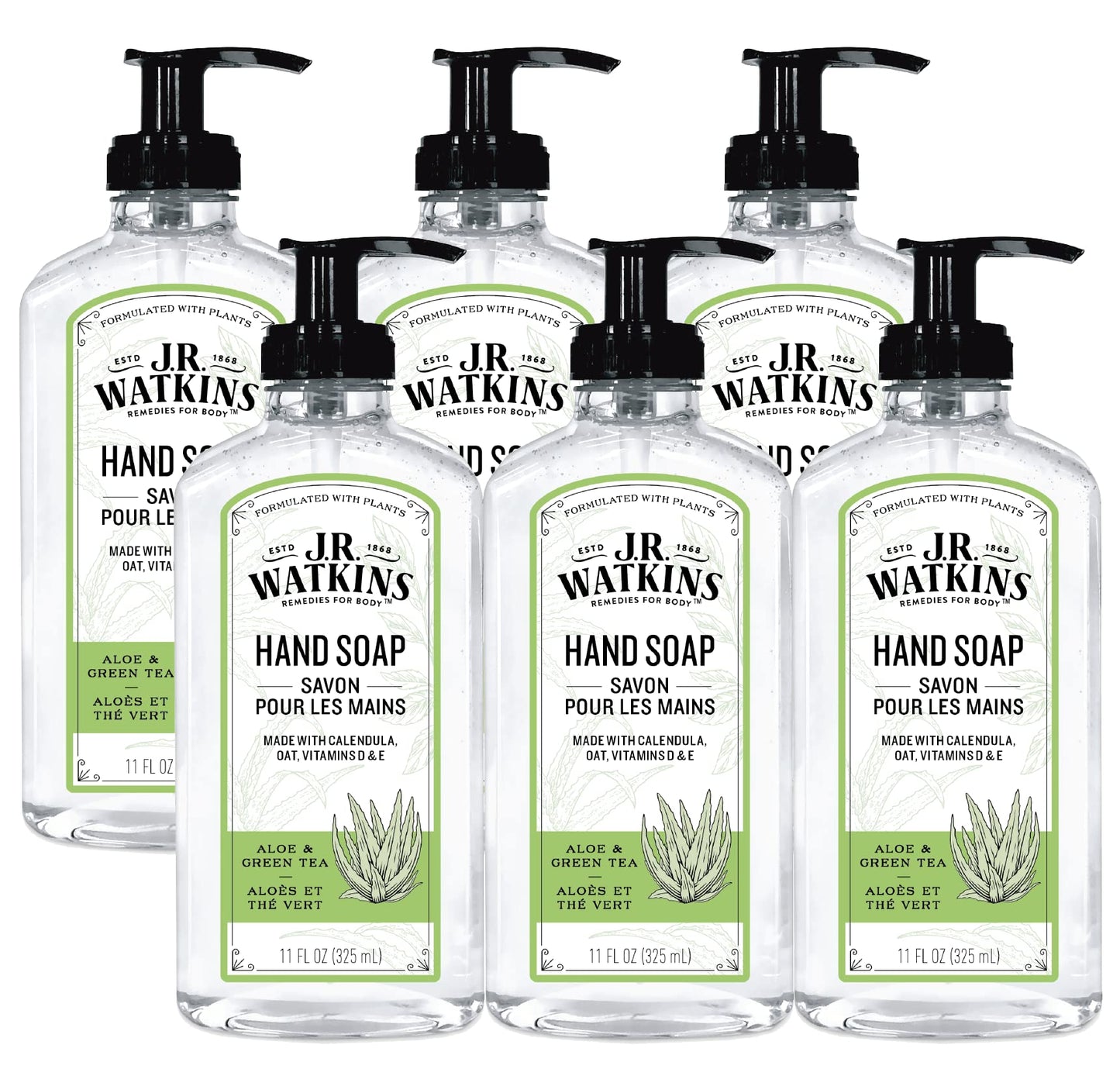 J.R. Watkins Natural Liquid Hand Soap, Aloe & Green Tea, 11 Ounce (Pack of 6)