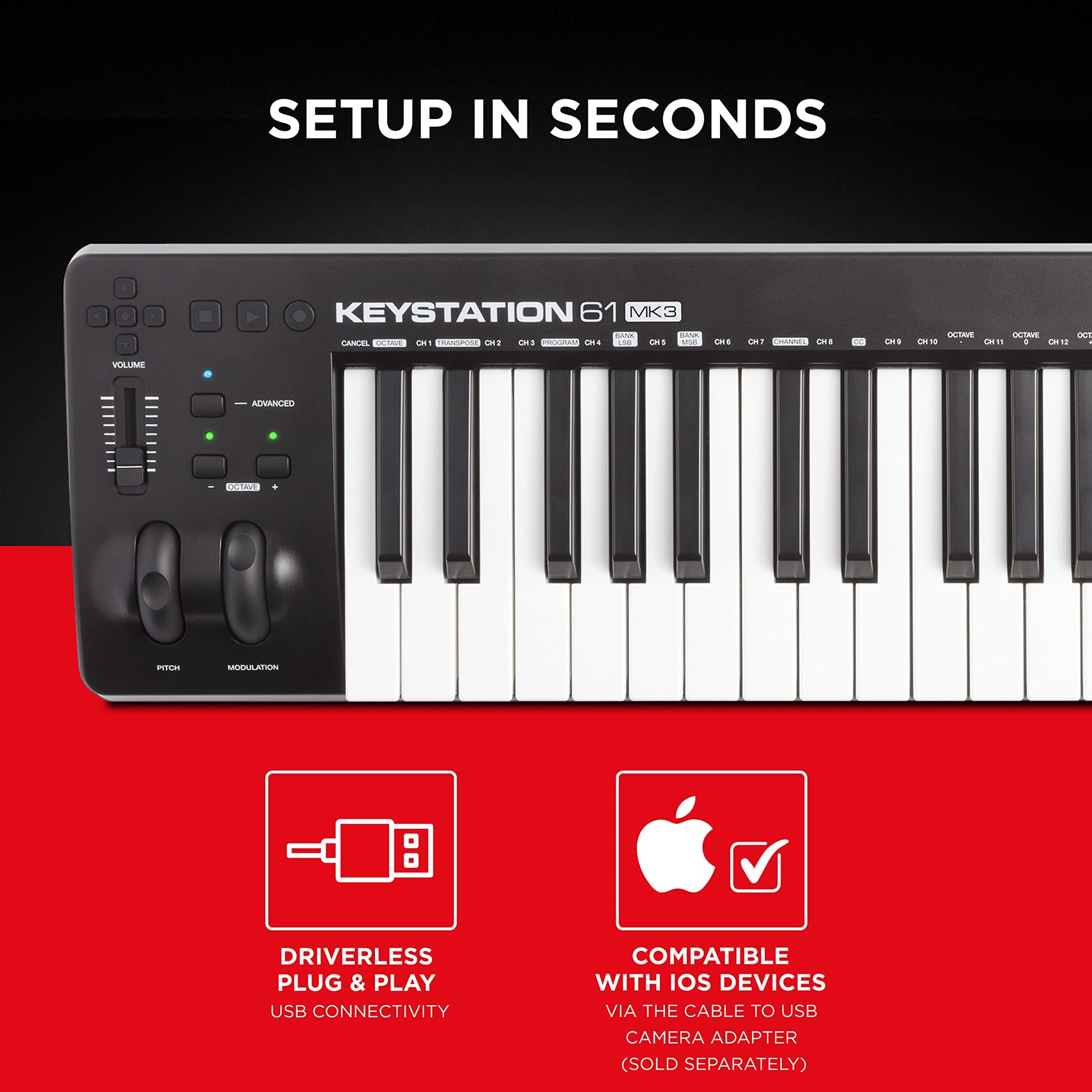 M-Audio Keystation 61 MK3 - Controlador MIDI USB con teclado de 61 teclas, controles asignables, ruedas de pitch/modulación, suite de software