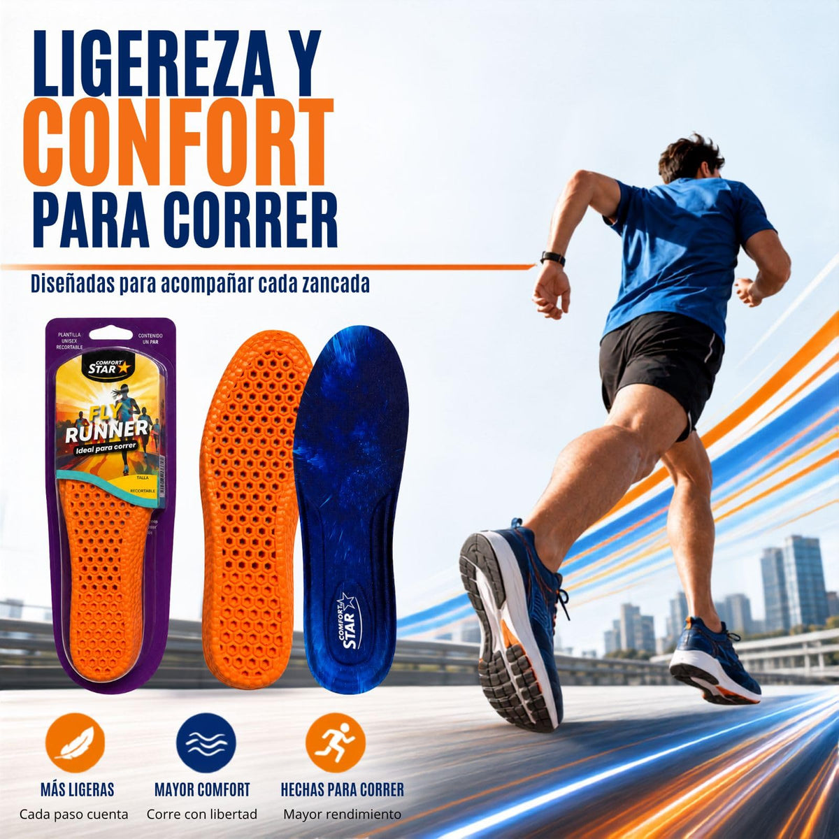 Plantilla Fly Runner Comfort Star Azul Ultraligero con absorción de impactos Tecnología de tracción para Mujeres y Hombres